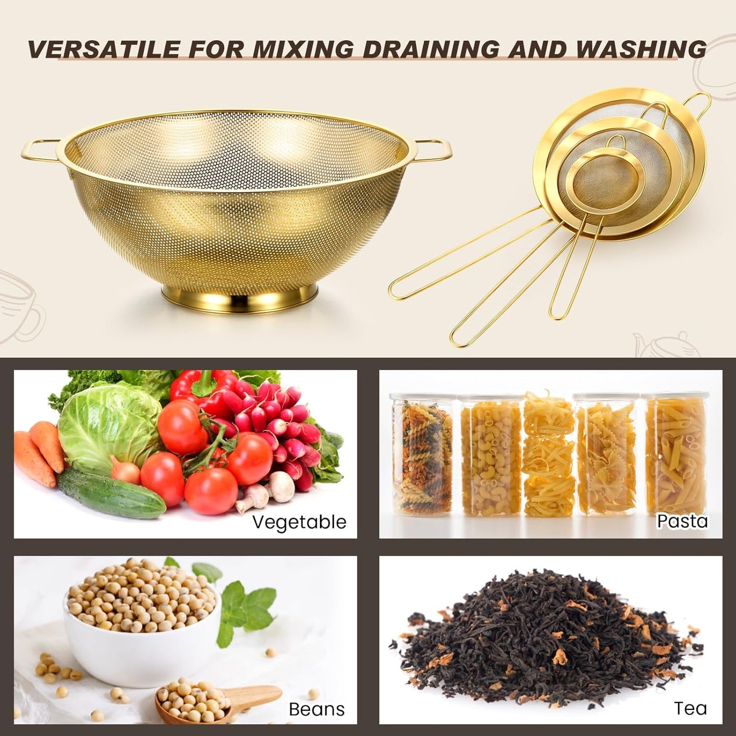 Norme 7 Quart Stainless Steel Gold Colander and 3 Pcs Gold Fine Mesh Strainer, Stainless Steel Pasta Rice Food Metal Strainer with Handles, Easy Clean and Dishwasher Safe