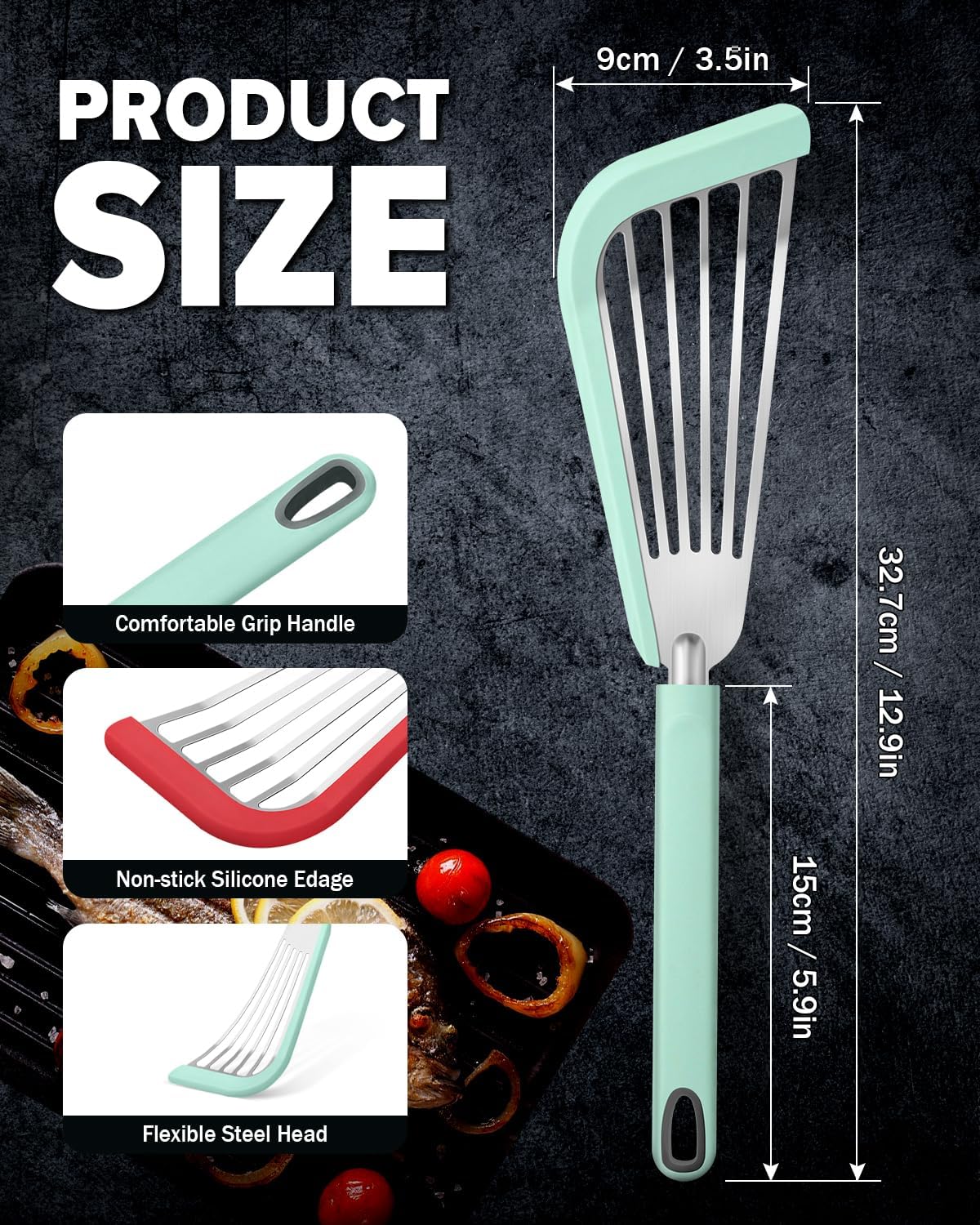 Silicone Fish Spatula Turner Set of 2, Thin Slotted Spatulas Turner for Nonstick Cookware,Heat Resistant Flexible Stainless Steel Kitchen Cooking Spatula Flipper for Fish, Egg, Pancake (RGN)