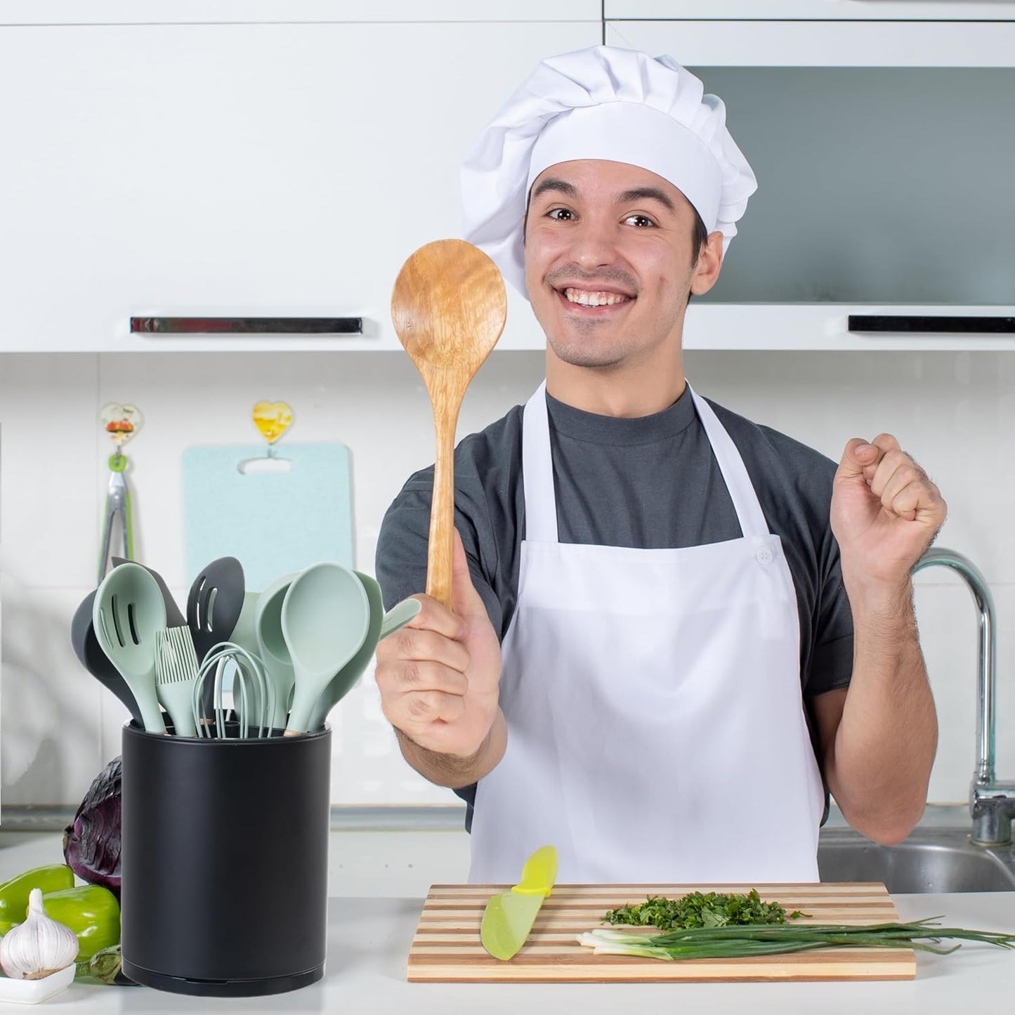 Utensil Holder For Kitchen Counter Organizer Extra Large Silverware Caddy Cooking Utensil Stainless Steel Rotating Kitchen Storage 3 Compartment Flatware Spoon Spatula