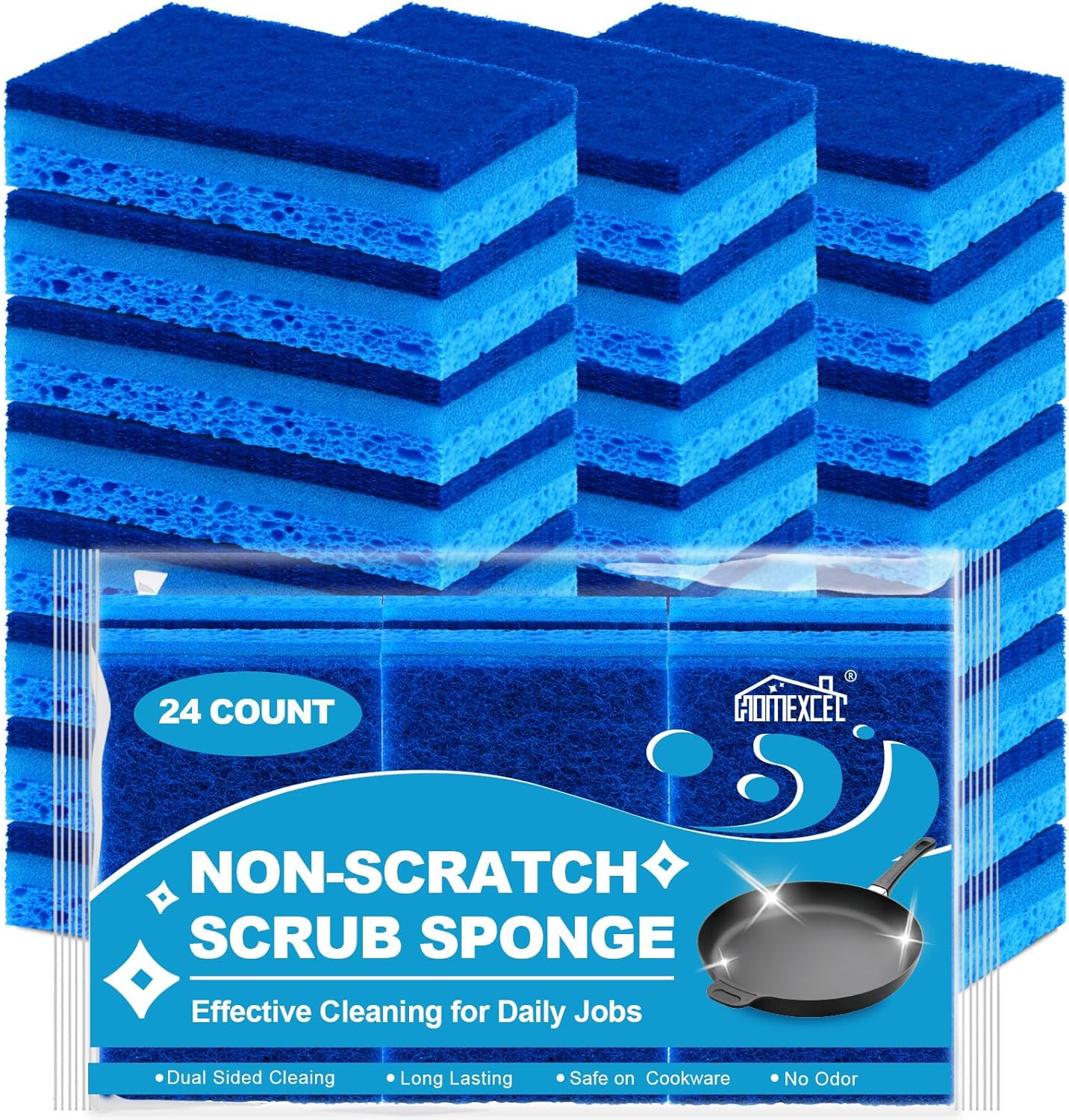 HOMEXCEL Sponges Kitchen 24pcs, Non-Scratch Sponges for Dishes, Scrub Cleaning Sponge Safe on Non-Stick Cookware, Dual Sided Dish Sponge for Kitchen, Household, Bathroom and More