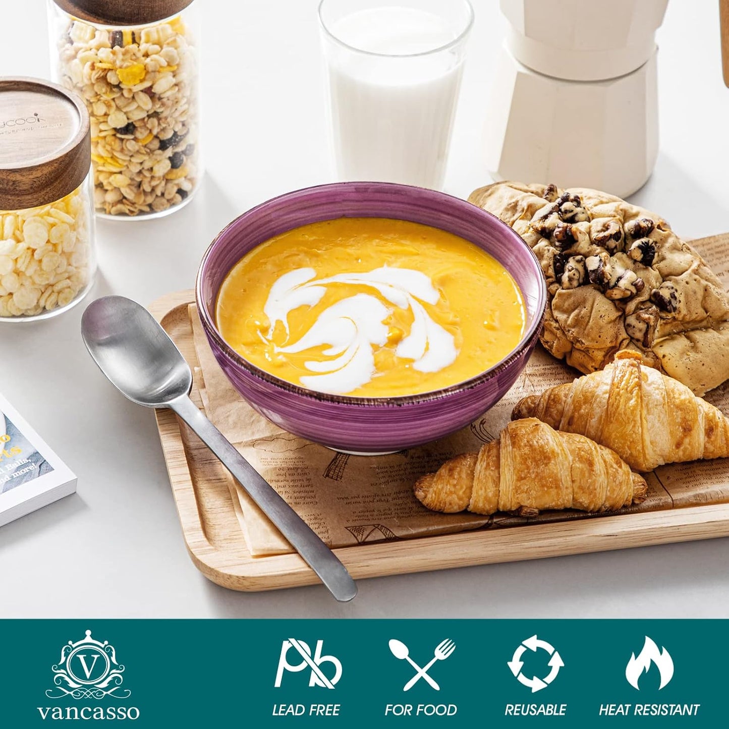 vancasso Bonita Cereal Bowls Set of 6-27 Oz Ceramic Soup Bowls, Microwave & Dishwasher Safe, 6 Inch Colorful Serving Bowls for Kitchen