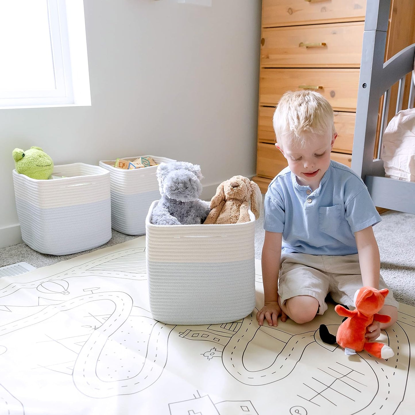 NaturalCozy 13 Inch Cube Storage Bins Cotton Rope Woven Baskets for Organizing 3-Pack | 13 x 13 Storage Cubes | Fabric Square Storage Baskets for Shelves Organizer, Kids Toy Bins, Closet Baby Nursery