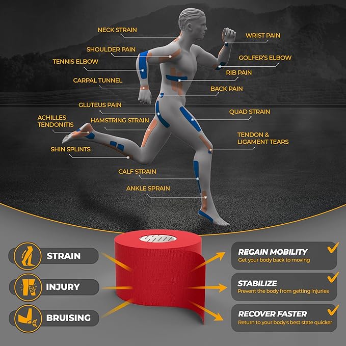 Kinesiology Tape-Incredible Support for Athletic Sports and Recovery+Free Taping Guide-Uncut 2 inch 16.4 feet Roll (Crimson Red + Free Taping Guide, Pack of 1)