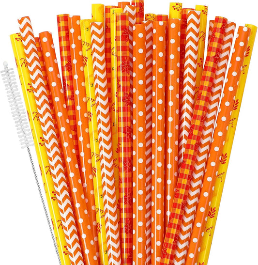 JANYUN 30 Pieces Fall Straws, 9inch Hard Platic Reusable Thanksgiving Drinking Straws Autumn Maple Leaf Pumpkin Straw for Family Party Favors Supplies Cleaning Brush (Orange & Yellow)