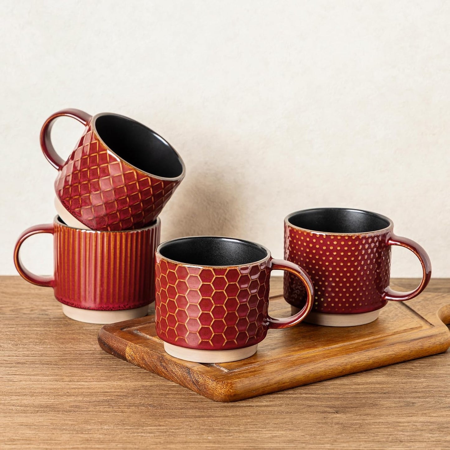 GBHOME 15OZ Stackable Coffee Mugs, Ceramic Coffee Cups with Texture Patterns for Man,Woman,Dad,Mom, Modern Coffee Mugs Set of 4 for Latte/Cappuccino/Cocoa. Dishwasher&Microwave Safe, Red