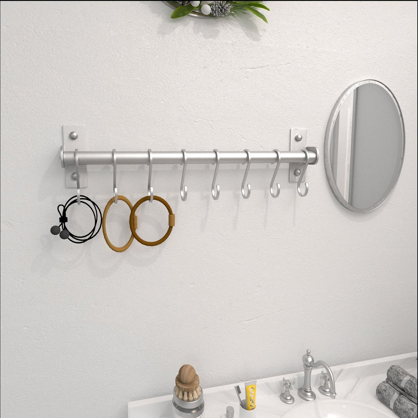 Dseap Kitchen Utensil Holder Hanger, Pot and Pan Rack Wall Mounted, Kitchen Rail with 8 Hooks for Hanging Cooking Utensils, Mugs, Spoons, Wall Mounted, Silver