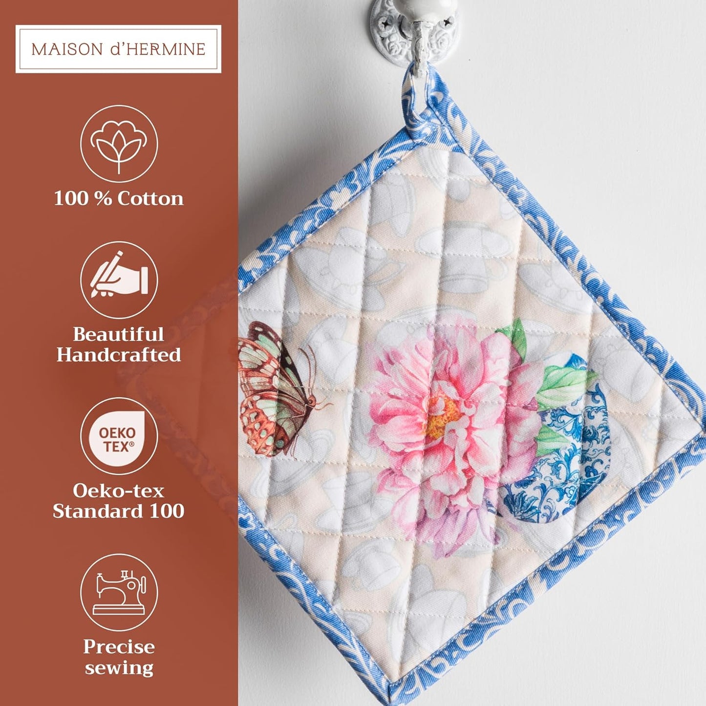 Maison d' Hermine Pot Holders Set 100% Cotton Heat Resistant Potholders 8" x 8" Hot Pads with Loop BBQ, Cooking, Baking, Grilling, Kitchen, Handling Hot Pans Spring/Summer (Pack of 2, Canton)