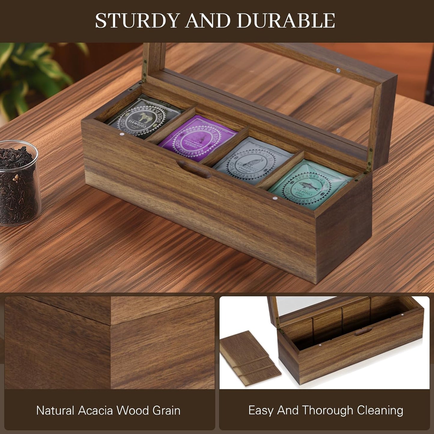 Acacia Wood Tea Bag Organizer, 4 Compartments Tea Box Organizer Storage Box, Teabag Holder Organizers with Clear Acrylic Window, Magnetic Lid and Removable Dividers