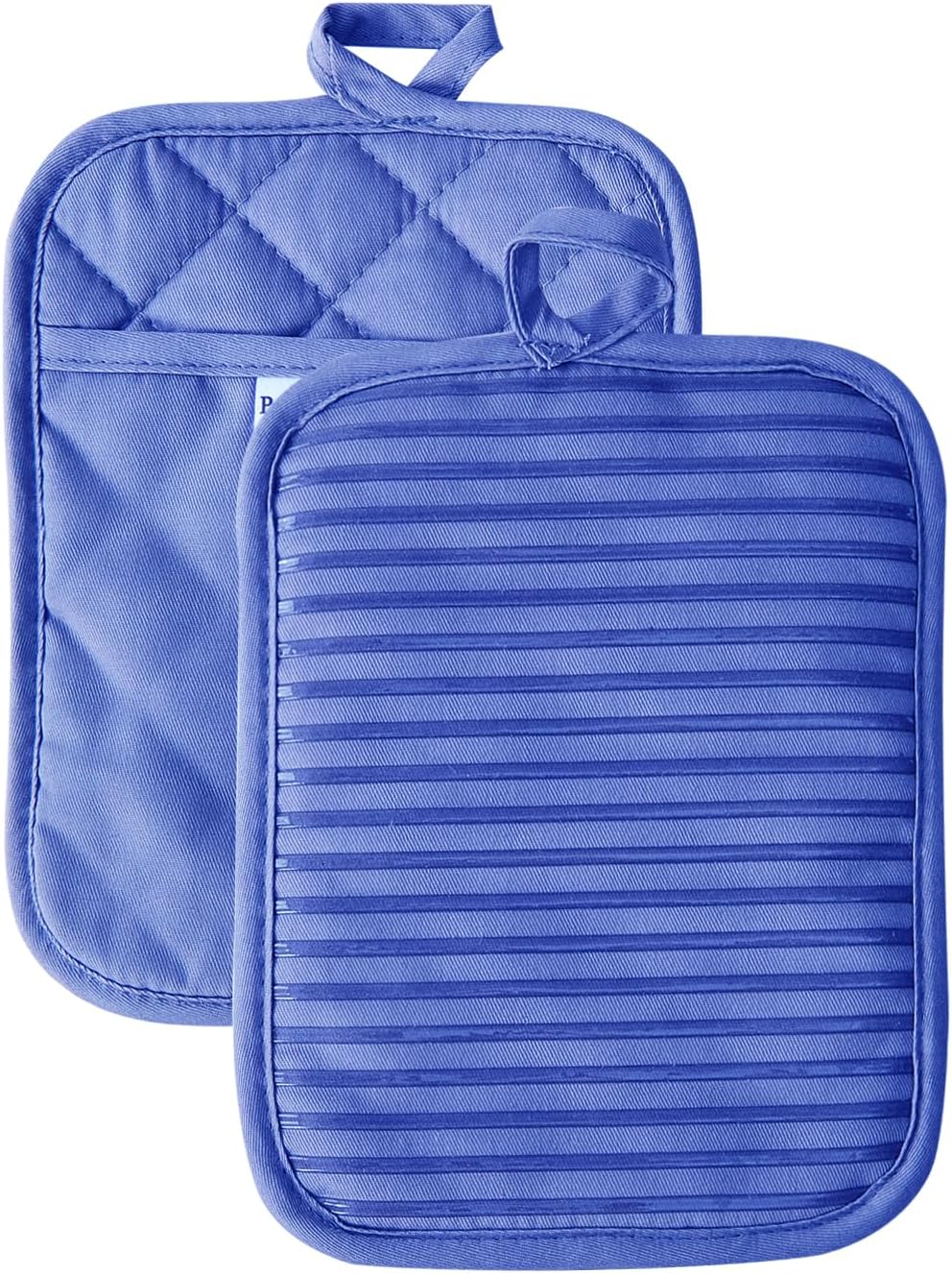 Kitchen Everyday Basic Pot Holder Heat Resistant Coaster Soft Silicone Water Resistant Pot Holder Set Oven Mitts with Pocket, 2 Piece Set, 7"x9" Dark Blue
