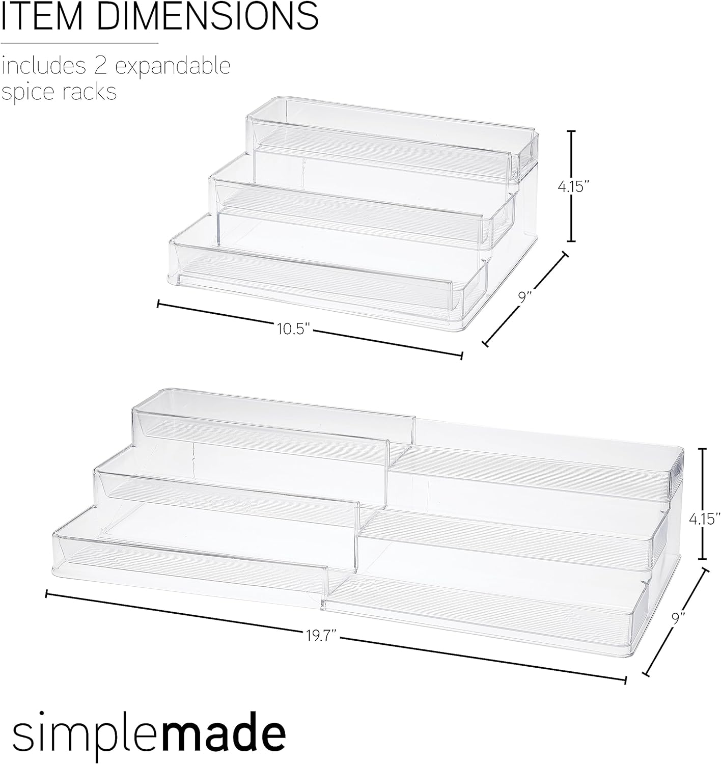 SIMPLEMADE 3-Tier Spice Rack Organizer - Versatile Storage Shelf for Kitchen, Bathroom, Bedroom & Office, Set of 2, Expandable Clear