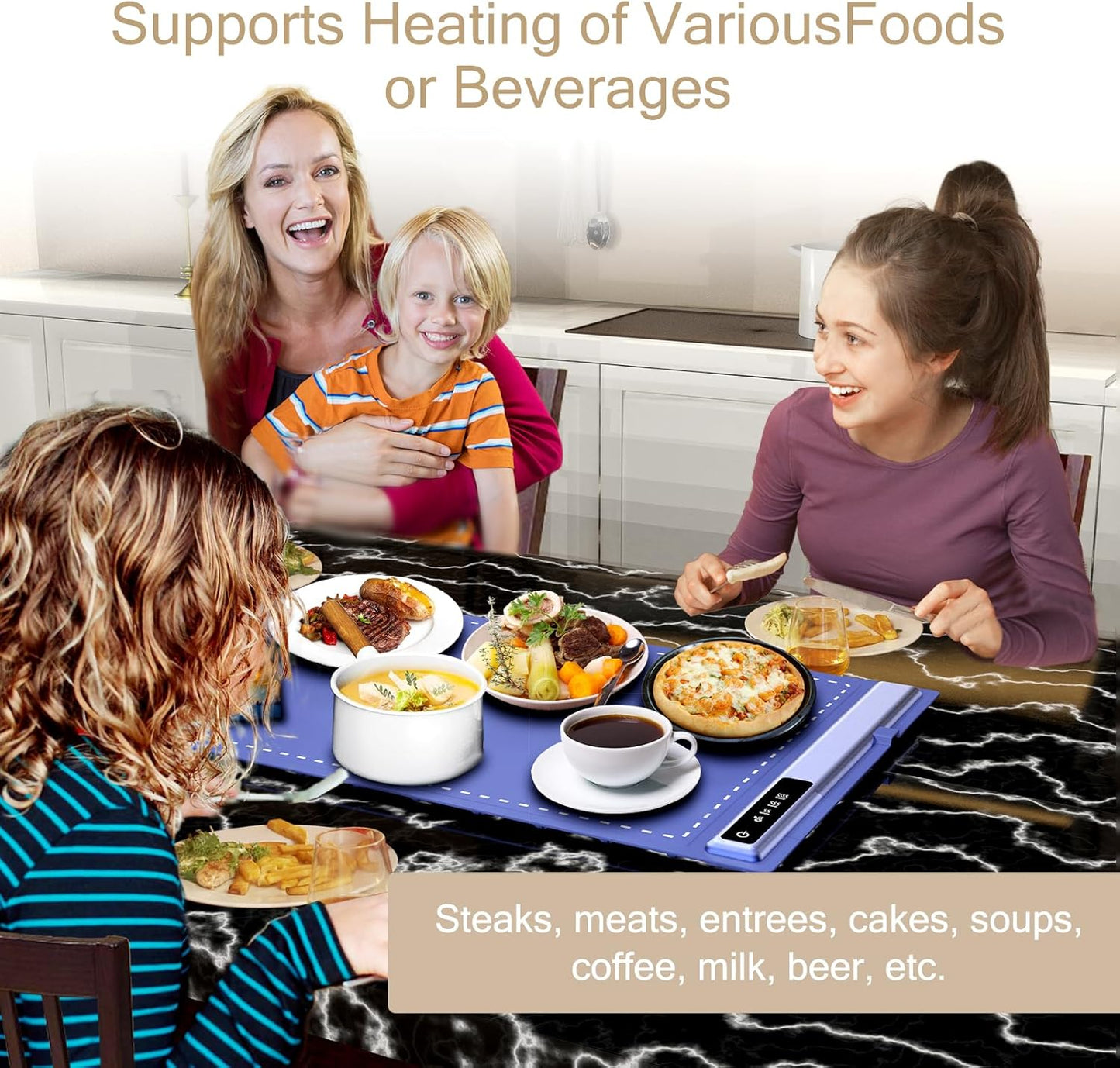 Electric Warming Tray-Kitchen Gadgets Portable Food Warmer,Foldable Roll Up Silicone Food Warming Mat with 3 Temperature Settings,Versatile Food Warmers for Parties Buffet (Blue-2Pack)