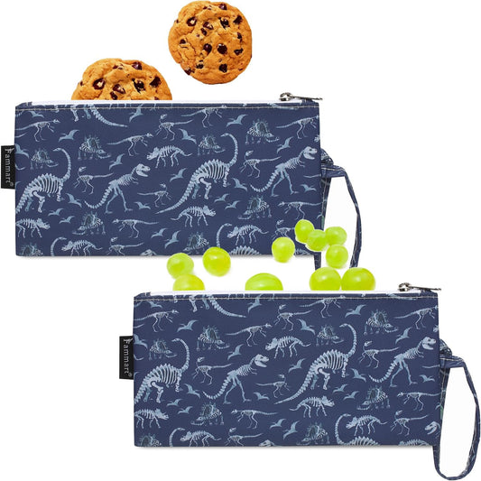 Reusable Sandwich Bag/Snack Bag for Kids & Adults, Dual Layer Lunch Bag with Handle, Washable, Food Safe, BPA Free (2-Pack, Dinosaur Fossil)