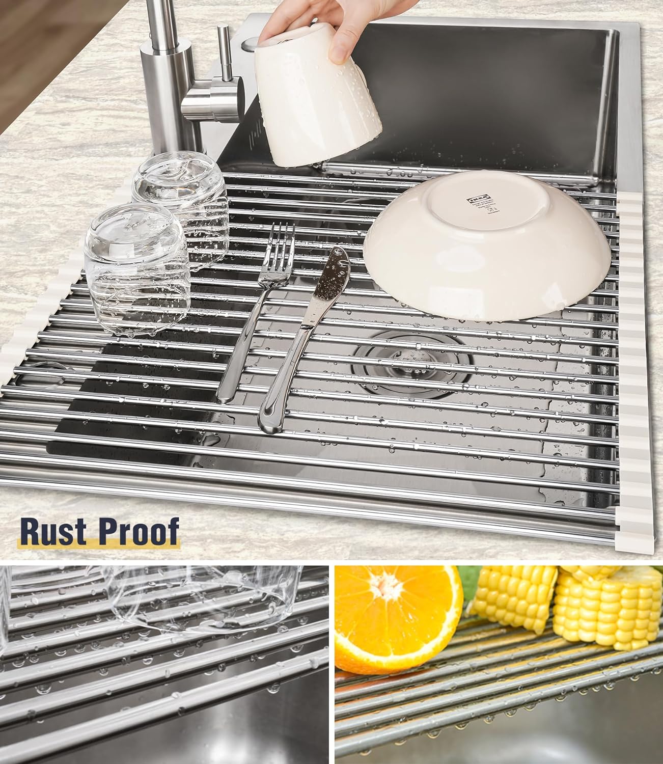 Tomorotec 21" x 15.5" Roll Up Dish Drying Rack Over Sink Drying Rack Sink Cover Kitchen Sink Accessories Gadget Multipurpose Organizer Foldable Stainless Steel Drainer
