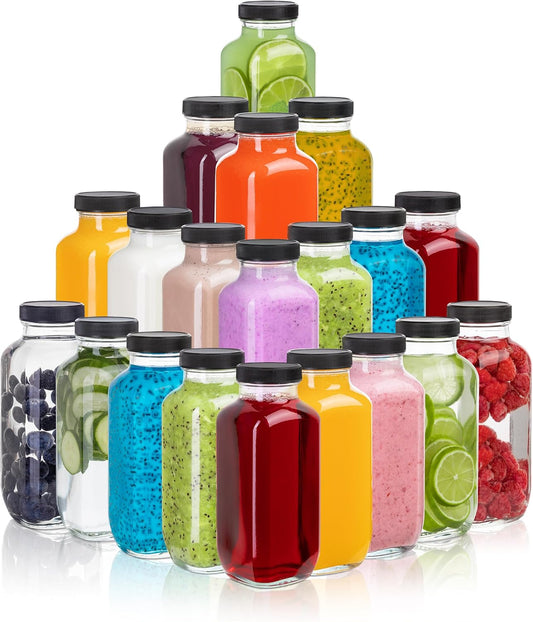 Juice Bottles with Lids, 16 Oz - Set of 20 - Clear Glass Jars with Caps - Reusable Empty Drink Containers for Juicing, Smoothies, Water, Milk, Kombucha Storage, Wellness Shots and More (20)