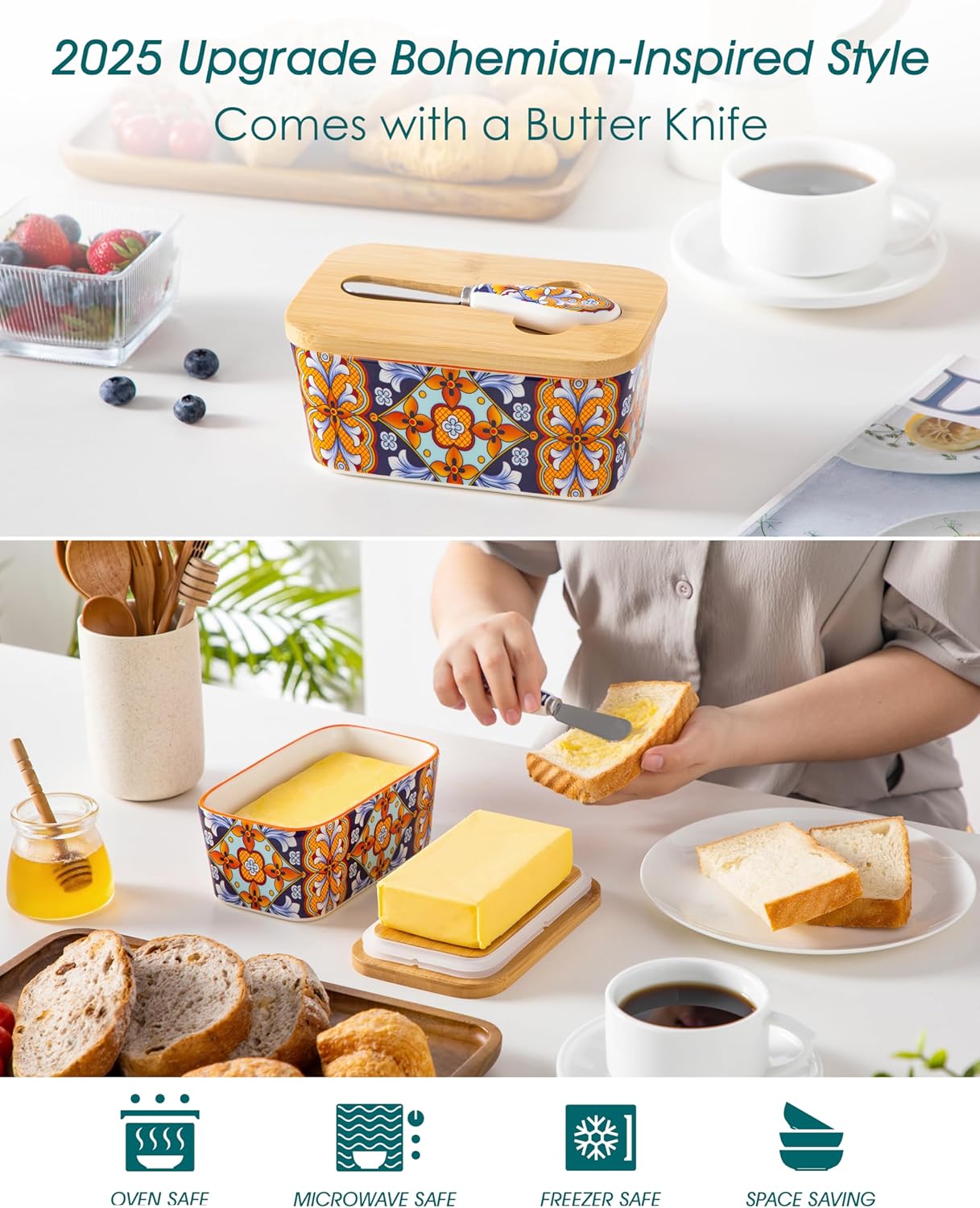 vancasso SIMI Butter Dish with Lid, 6.5" Large Butter Dish for Countertop, Bohemian Ceramic Butter Keeper Container with Knife and Bamboo Lid, Butter Holder for Counter, Amber Elegance