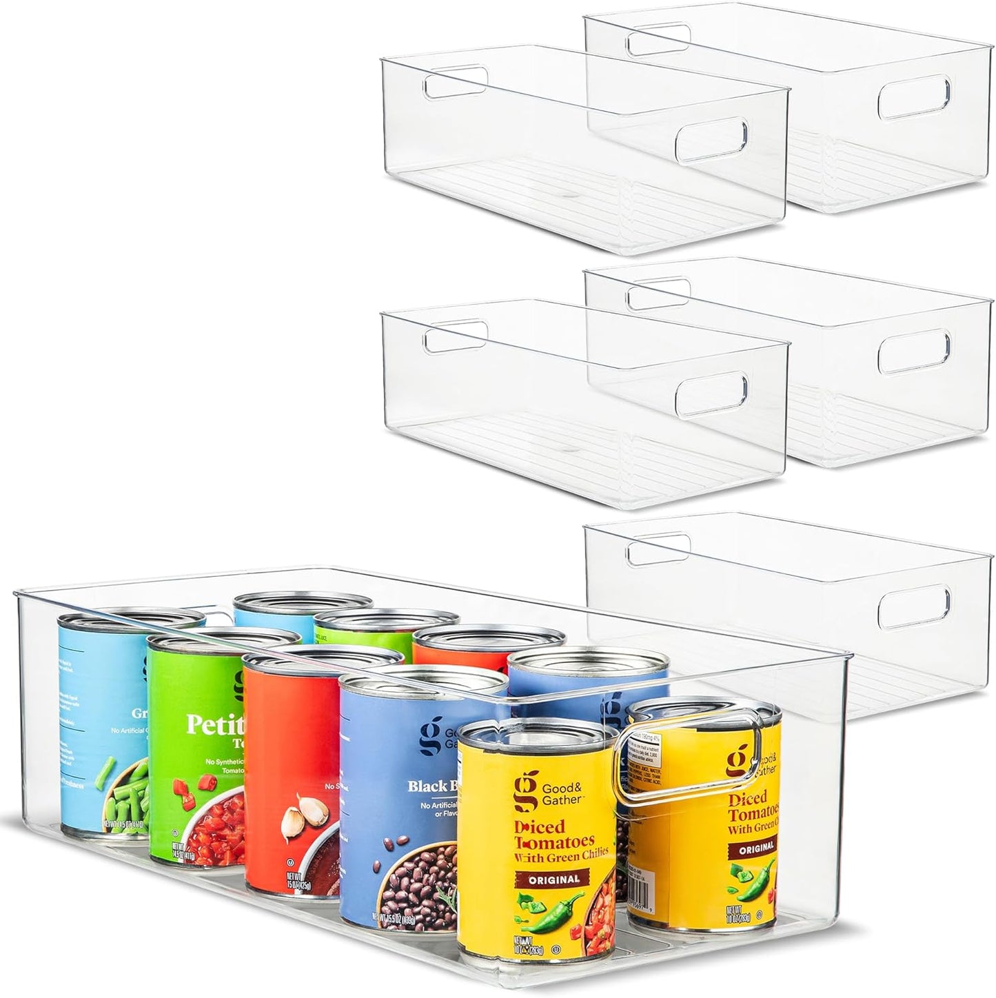 Plastic Food Storage 6 Pack Clear Container Bin with Handles for Organizing Kitchen, Pantry, Refrigerator, Freezer, Pantry, Cabinet, Closet, Bathroom. 16”x8”x5”
