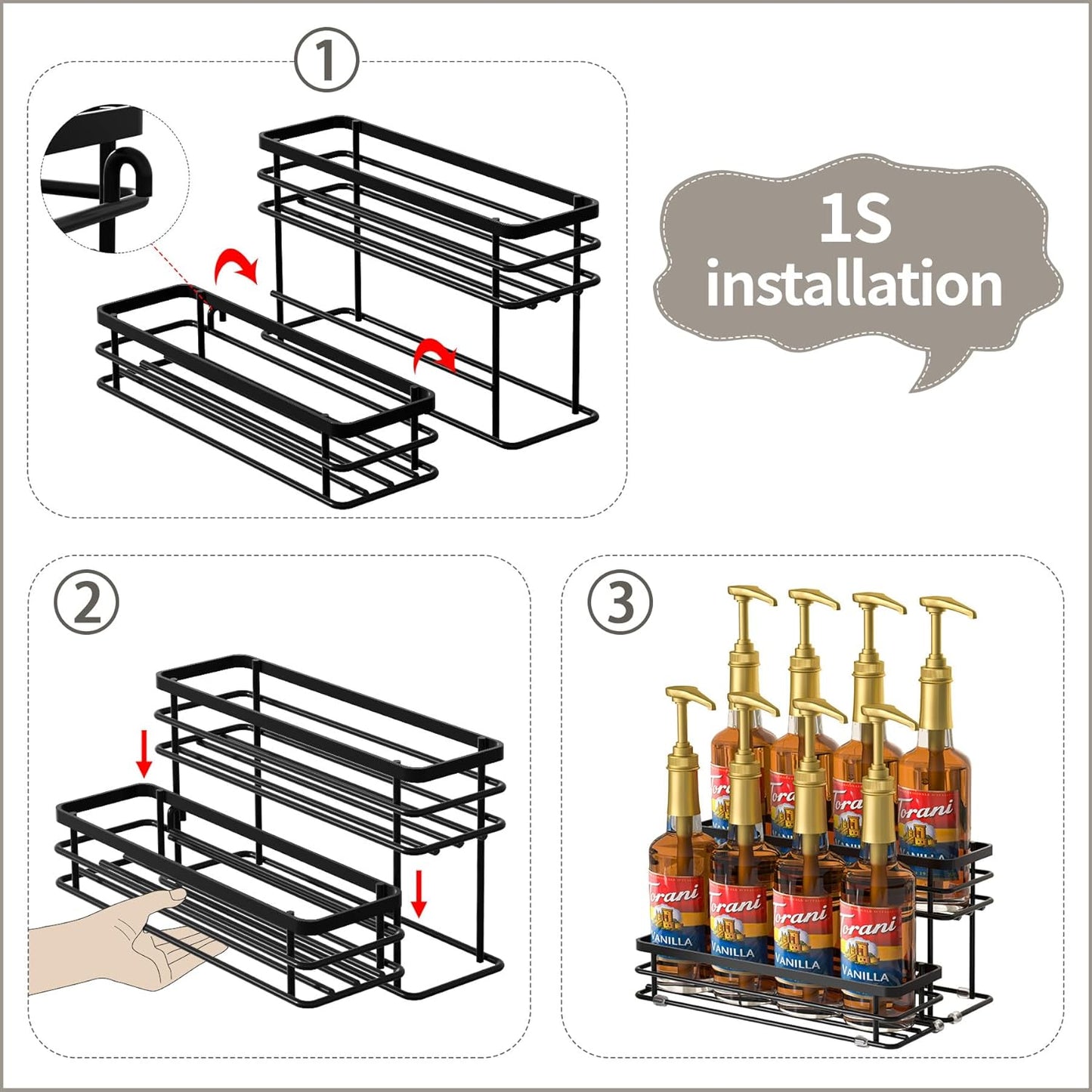 Coffee Syrup Rack Organizer, Syrup Bottle Holder Stand for Coffee Bar, 2-Tier 8 Bottles Storage Shelves for Syrup, Wine, Dressing for Kitchen Countertop (8 Bottles Black)