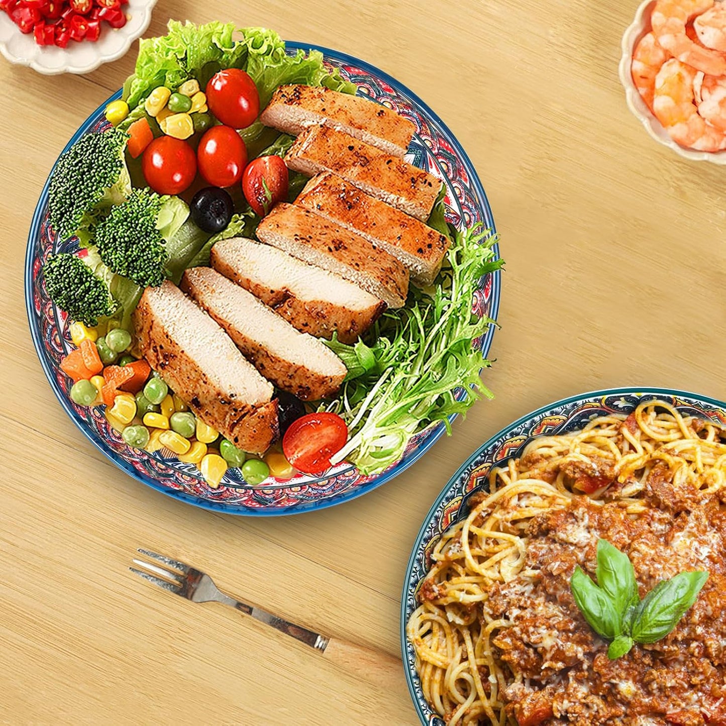 75 Oz Serving Bowls,Bohemian Style Large Porcelain Dishes for Entertaining Parties,Big Bowls for Eating Soup, Salad, Pasta, Fruit, Chips, 10.3 Inch Diameter (blue.green)