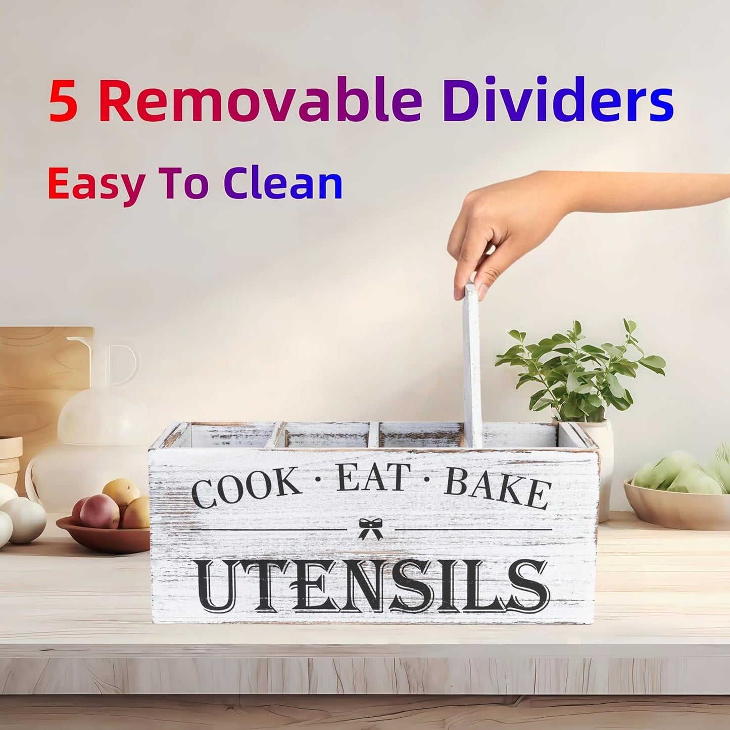 Utensil Holder,Extra Large Wooden Utensil Holder For Kitchen Counter,Cooking Spatula Organizer,Big Storage Caddy With 4 Compartments Flatware Spoon Tool Cutlery（Retro White）