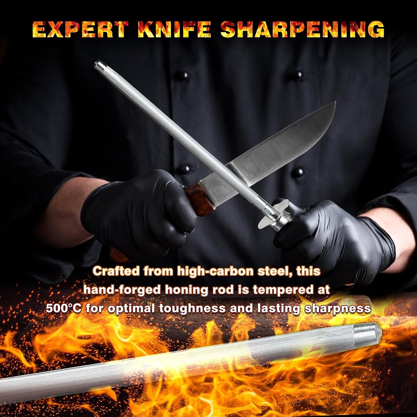 Knife Sharpener Rod, Kitchen Knives Sharpener Carbon Steel Professional Knife Sharpening Steel, Honing Rod with Hanging Holes (13 inches), X