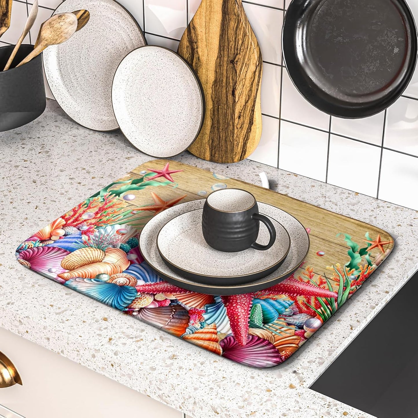 Summer Ocean Dish Drying Mat - Starfish Seashells Absorbent Kitchen Countertop Drying Pad 16 X 18 Inch