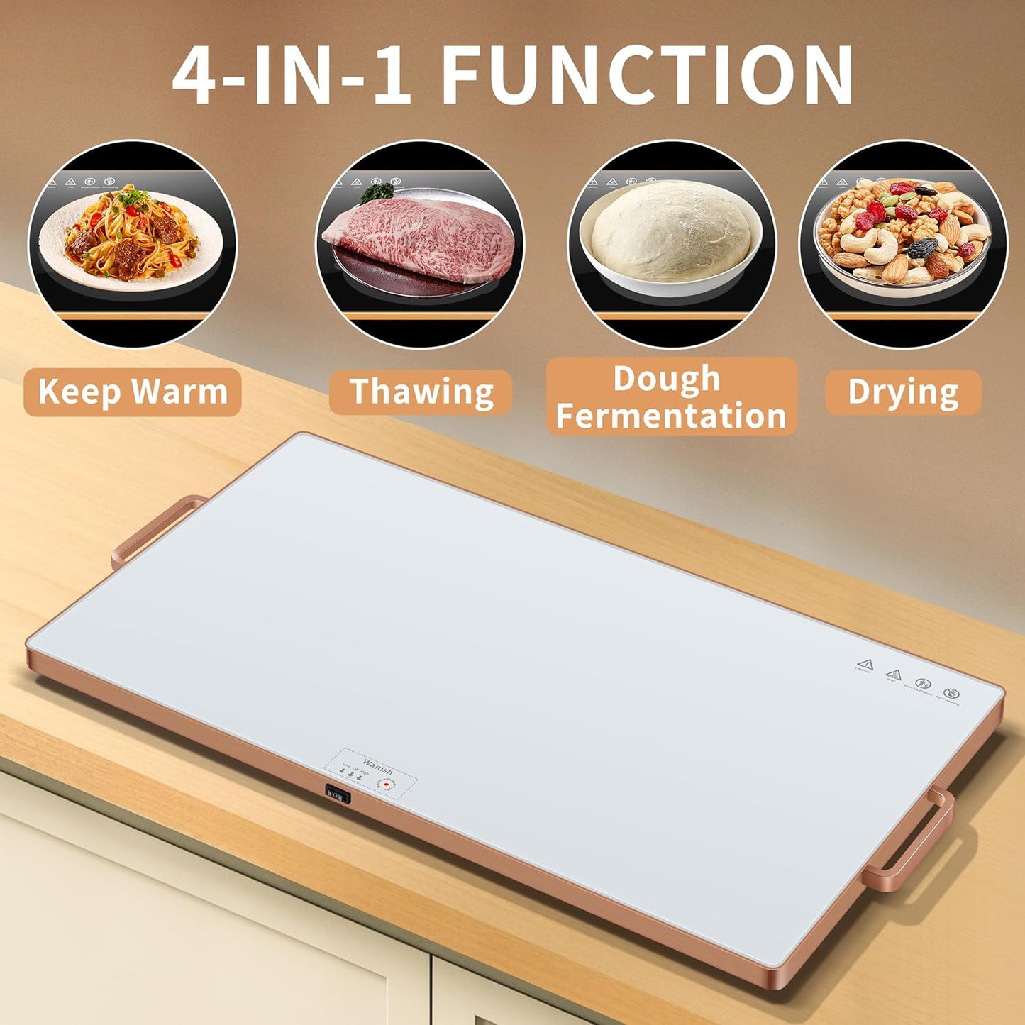 Electric Warming Tray (XXL 32”x18”)，Food Warmers for Parties Buffet with Thermostat&Full Surface Heating,Tempered Glass Warming Mat for Food, Temperature Adjustable Gold Handles Food Warming Mat,White