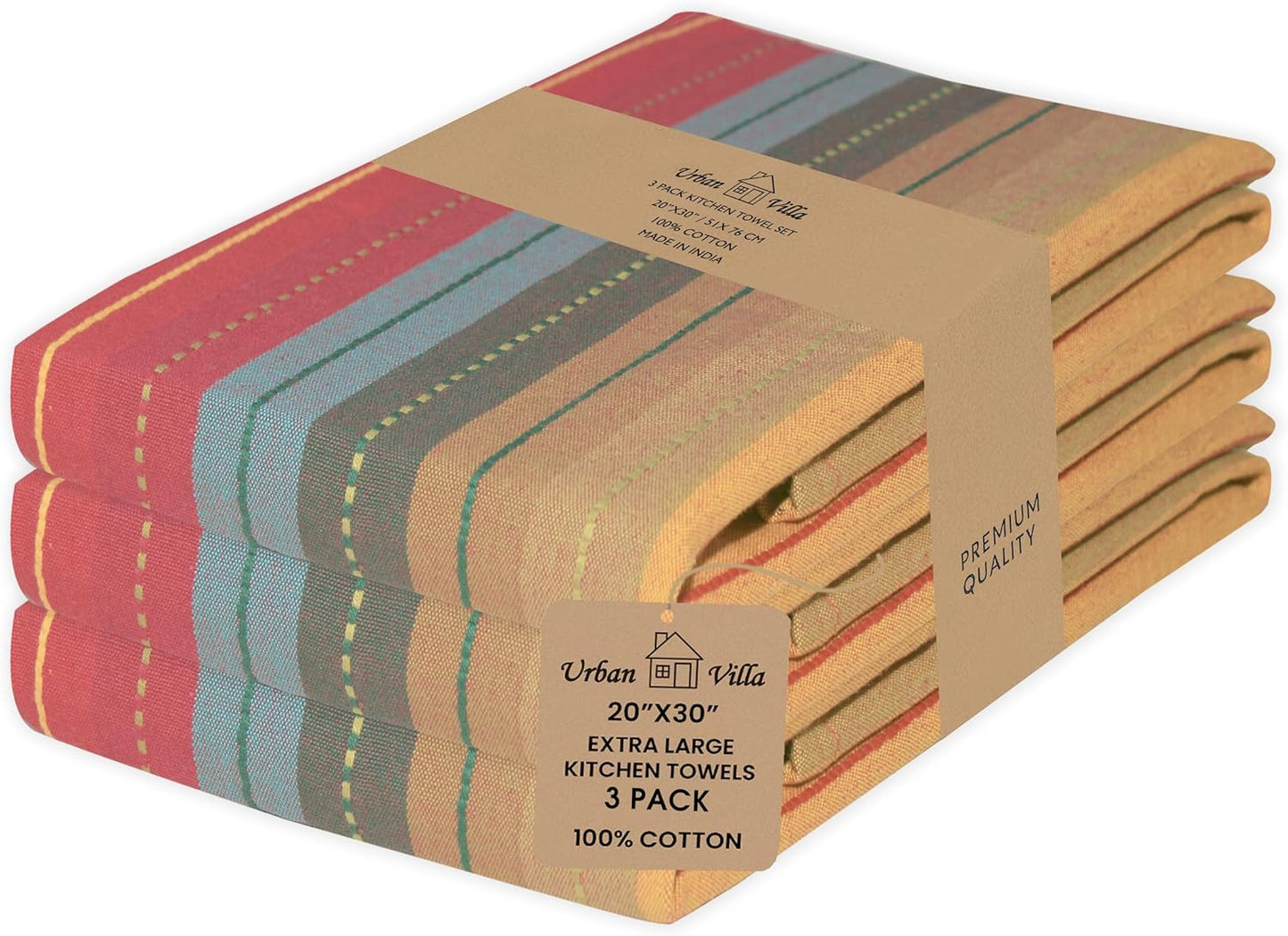 Urban Villa Kitchen Towels, Cuisine Stripes,Premium Quality,100% Cotton Dish Towels,Mitered Corners,Ultra Soft (Size: 20X30 Inch), Red Multi, Highly Absorbent Bar Towels & Tea Towels - (Set of 3)