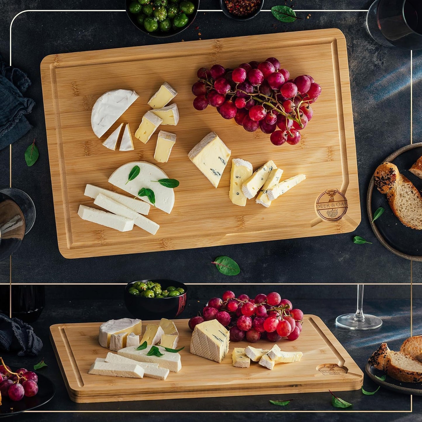 Deer & Oak Premium Large Bamboo Cutting Board – 15" x 9.8" x 0.8" Wooden Chopping Board for Meat and Vegetables, Pre-Oiled, Water Resistant, Knife Friendly