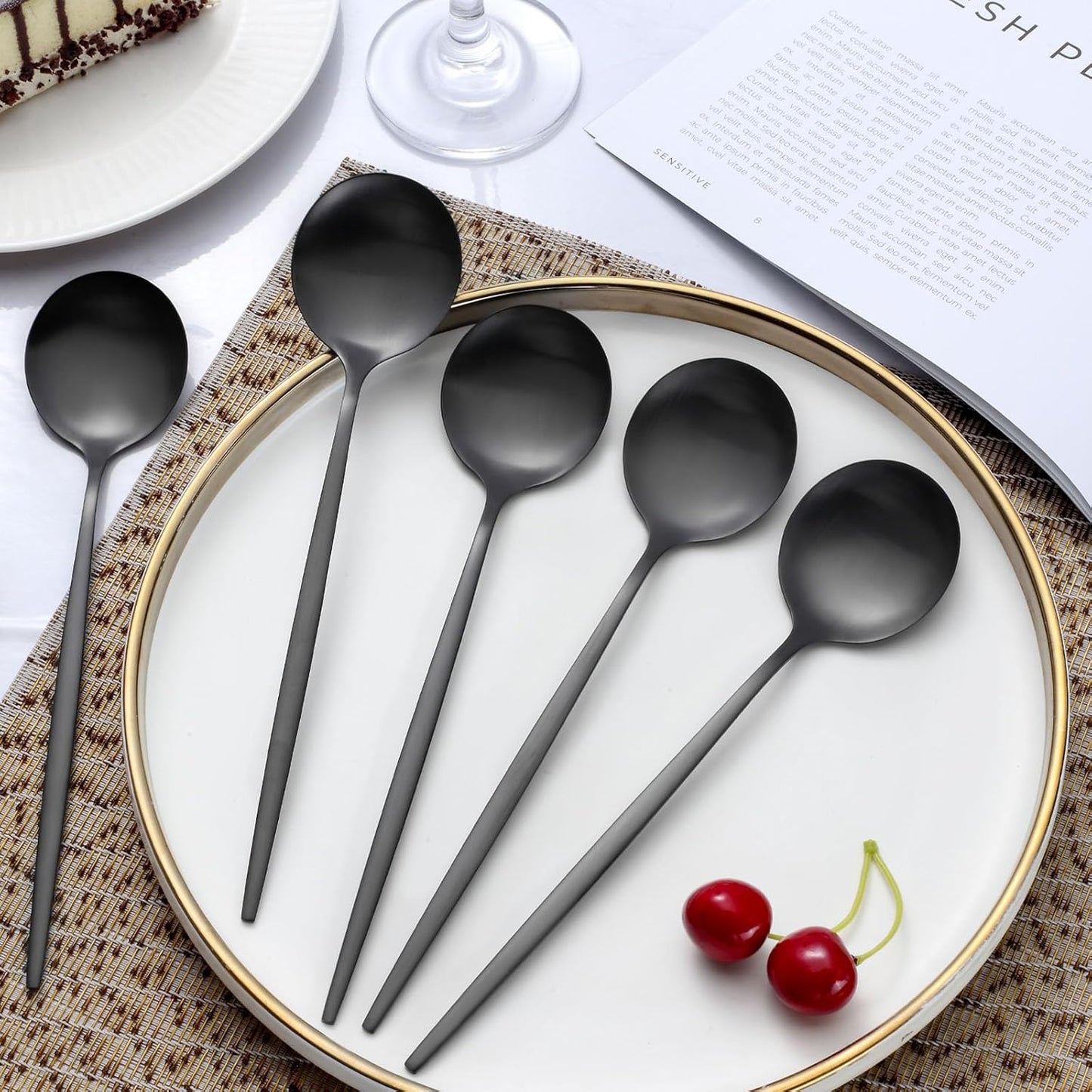 Pleafind 36-Pcs Matte Black Dinner Spoons, 8.3 inch Round Head Spoons, Stainless Steel, Dishwasher Safe