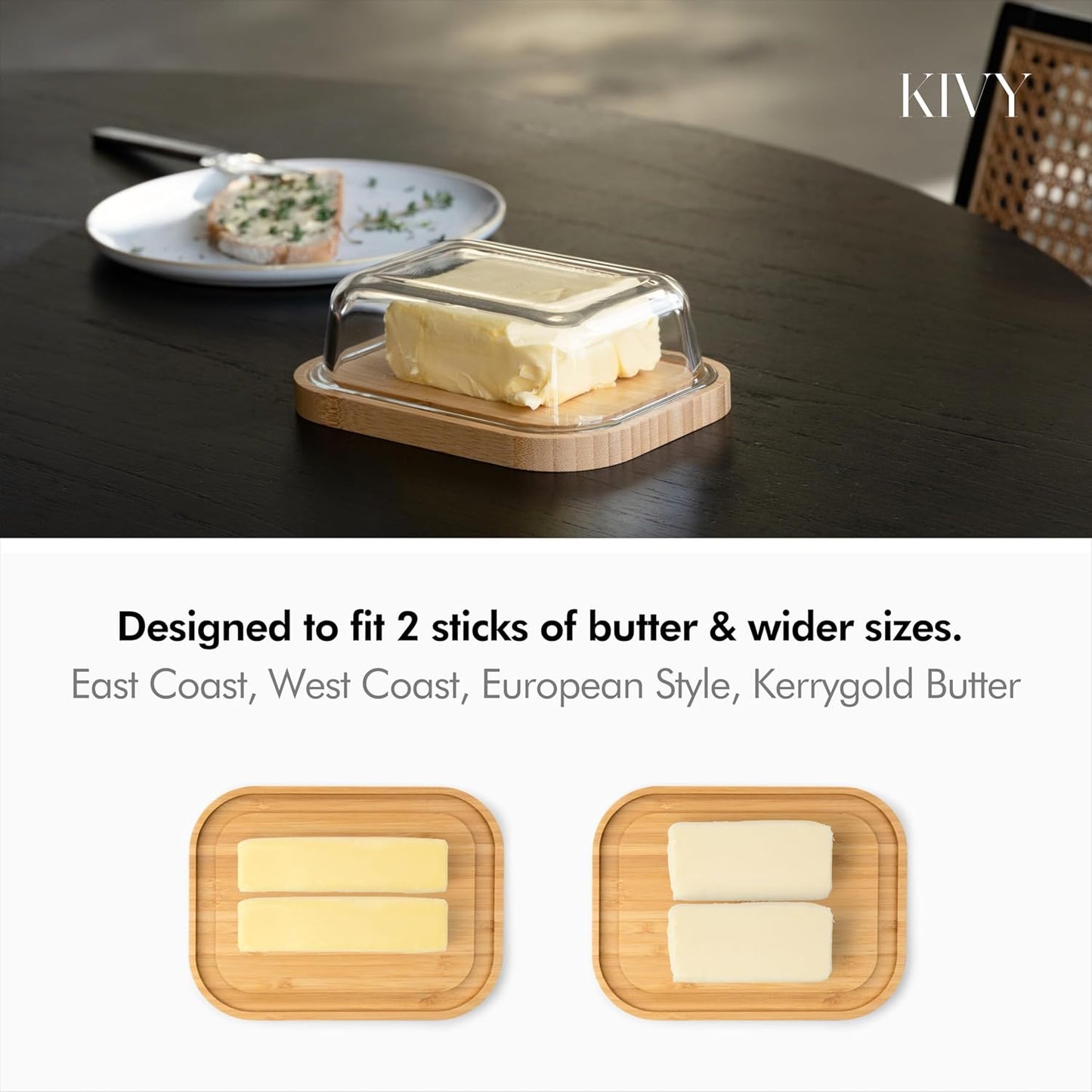 KIVY Large Butter Dish with Lid - Fits 2 Butter Sticks and Wider Sizes (Kerrygold, European Styles, Eastern, Western) - 2 Stick Butter Dish - Glass & Bamboo