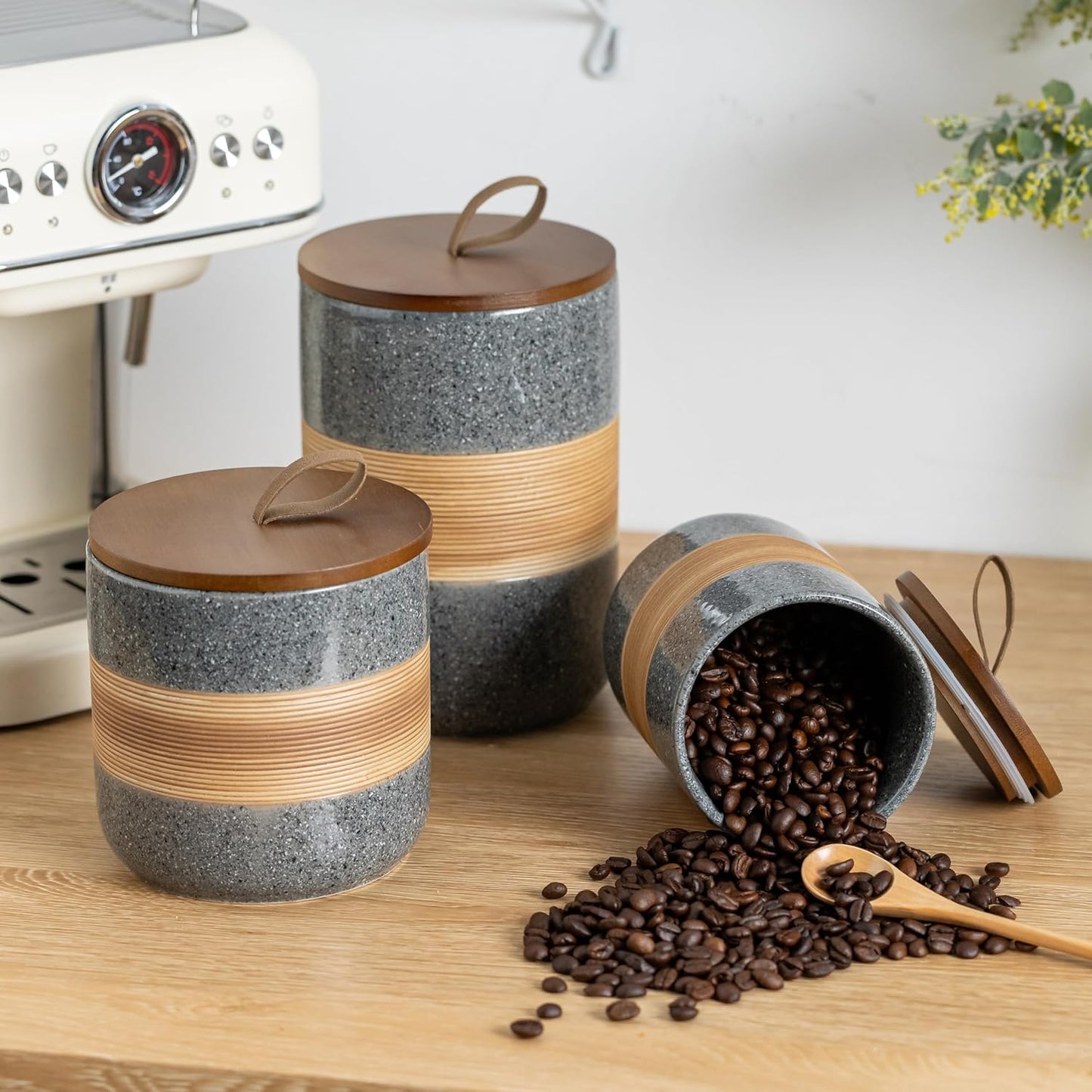 Large Storage Containers with Lids, Ceramic Coffee Container Kitchen Food Storage Cookie Jars with Airtight Lid for Spice Sugar Tea Bag, Stackable Decorative Jars for Counter, Grey & 61oz