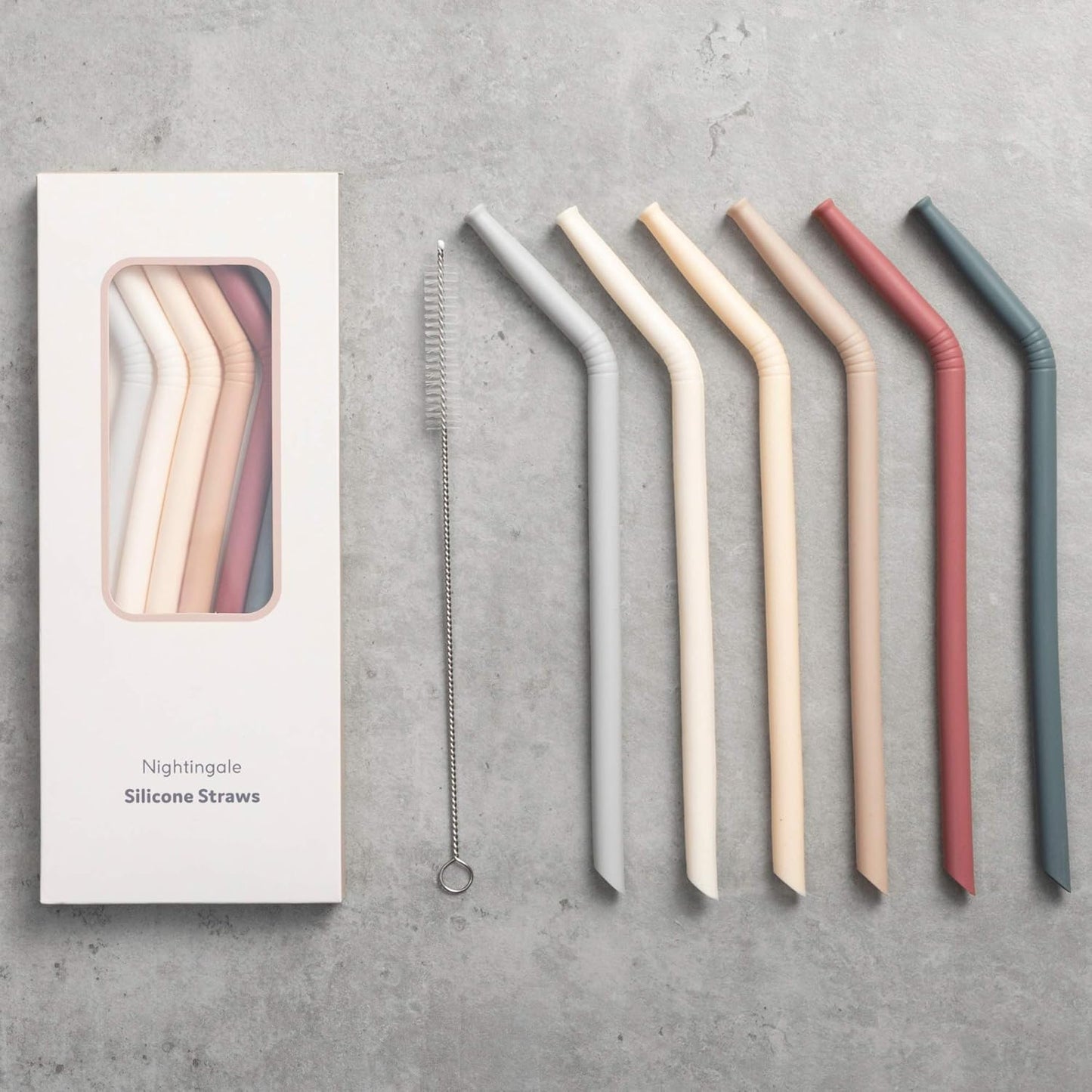 Nightingale Reusable Silicone Straws - Bendy Drinking Straw with Cleaning Brush - Collapsible and Bendable Travel Straw for Kids - Dishwasher Safe, Food-Safe - Set of 6 (Oak Multi)