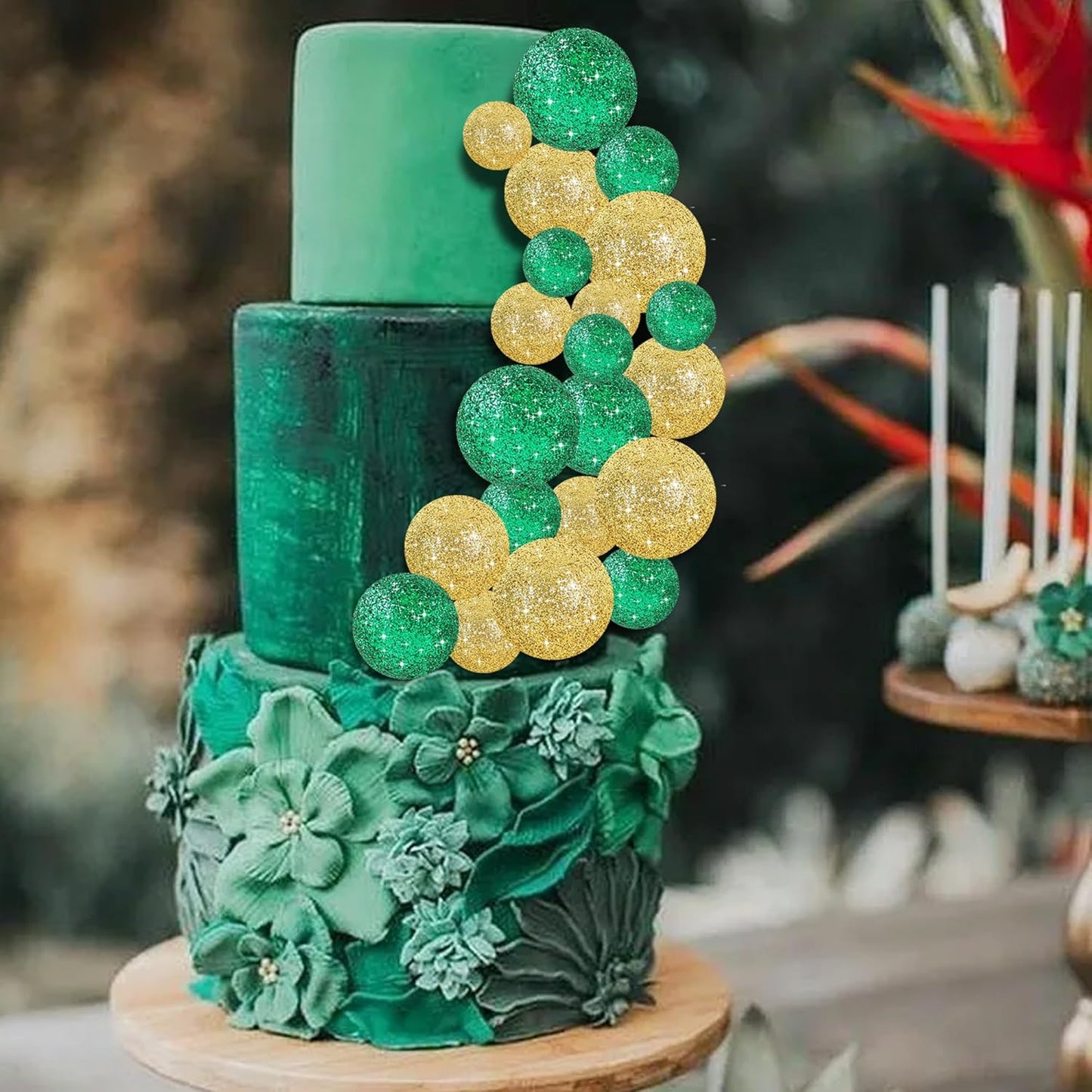 BEISHIDA 40 Pcs Ball Cake Toppers Mini Balls Cake Decorations Green Gold Foam Balls Sticks DIY Cake Topper for Baking Congrats Grade 2025 Graduation Birthday St Patrick's Day Decorations (Green Gold)