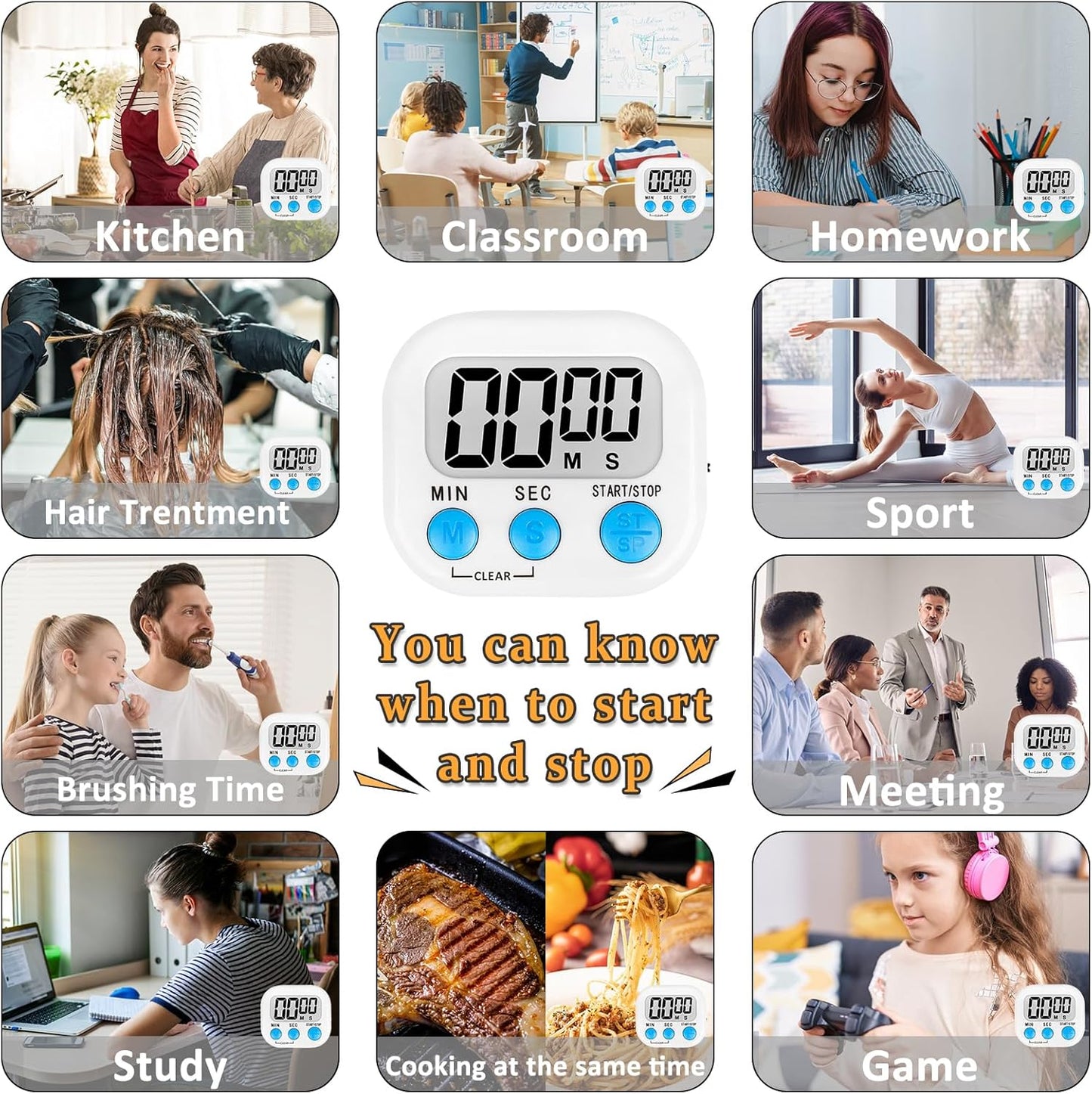 ZILLEEN 12 Pack Kitchen Timers for Cooking Digital Classroom Timers for Kids Teachers White Pink Blue