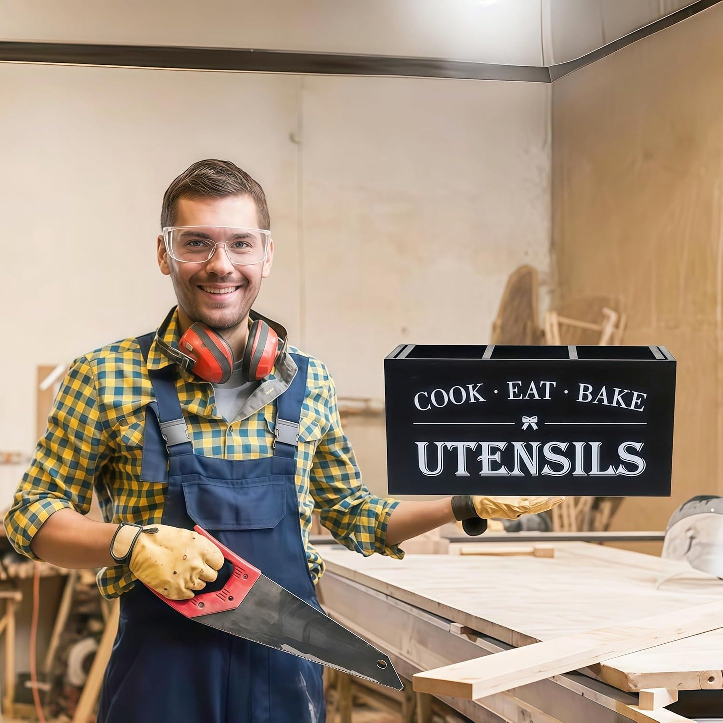 Utensil Holder,Large Wooden Utensil Holder For Kitchen Counter,Cooking Spatula Organizer,Big Storage Caddy With 3 Compartments Flatware Spoon Tool Cutlery（Black）