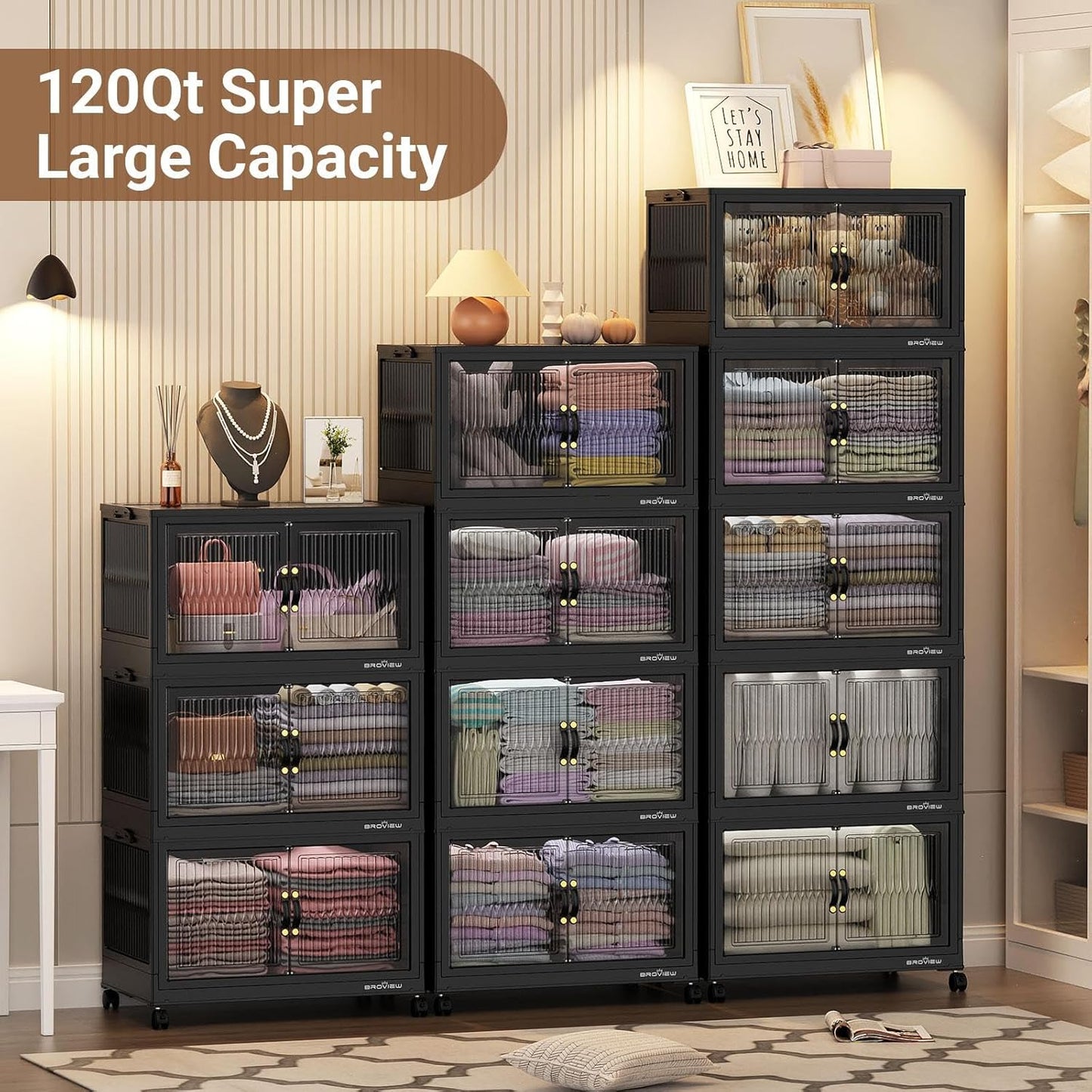 360Qt Stackable Storage Bins with 3 Lids, Extra Large Closet Organizer Collapsible Drawer Boxes with Wheels, Folding Plastic Cabinet Containers for Home Kitchen Room Organization, 3Pack Black