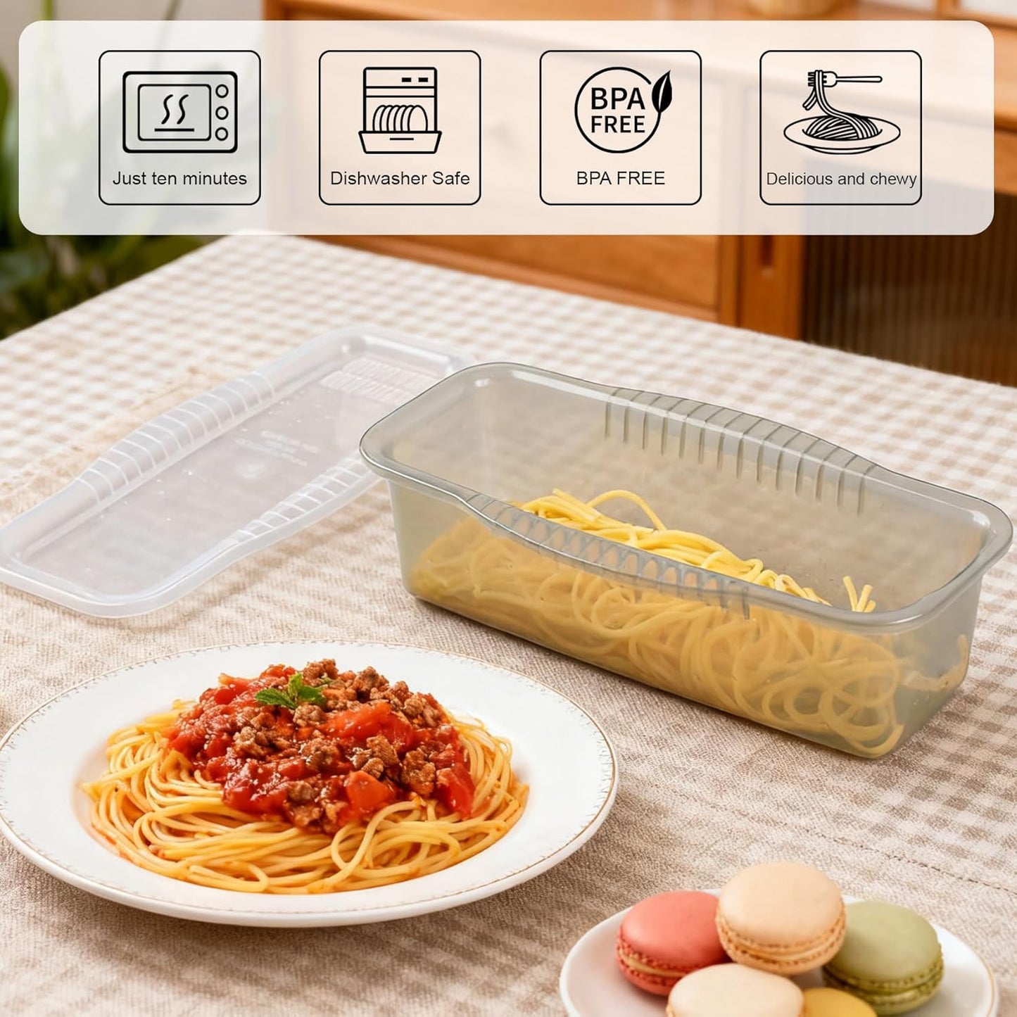 Microwave Pasta Pot with Strainer Lid & Measuring Cup Clip Quickly Cook 1-4 Servings-No Mess, Sticking or Waiting For Boil, Pasta Cooker in Microwave for Dorm Kitchen Office College Essential