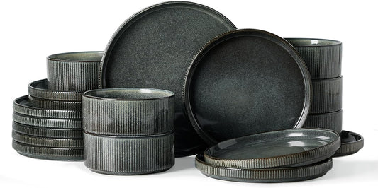 Famiware Star Dinnerware Set, Plates and Bowls Sets for 6 (18pcs), Ribbed Stoneware Dishes - Chip & Scratch Resistant, Microwave & Dishwasher Safe Kitchenware, Deep Forest