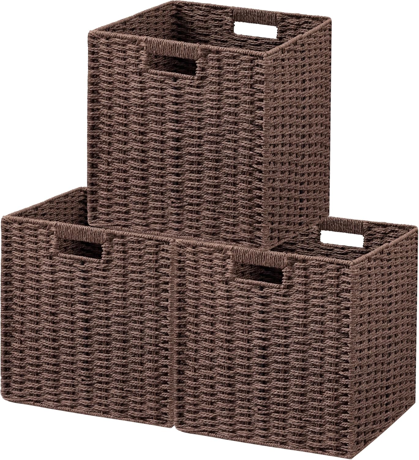 UBBCARE 3 Pack Wicker Basket, 11L×11H×10.5W inch Woven Paper Rope Storage Baskets for shelves, Foldable Cube Storage bin with Handle, Storage Basket for Organizing & Decor, Brown