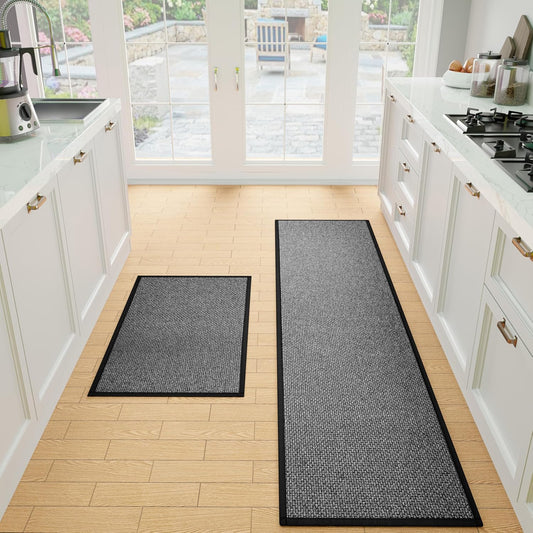 Kitchen Mat Set of 2 PCS, Cushioned Non Slip Rugs for Kitchen Floor, Absorbent Runner Comfort Standing Mats Washable for Kitchen, Office, Home (Black, 17.3"x30"+17.3"x71")