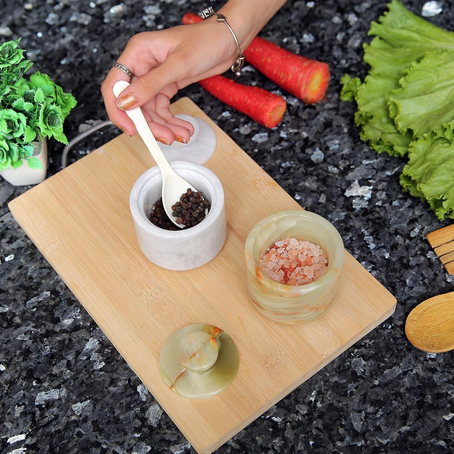Marble Salt Cellar With Lid- Pack Of 2 Marble Salt And Pepper Bowls- Salt Holder With Lid To Put Salt, Paprika, Pepper, And Spice (Onyx Green & White, Style 01)