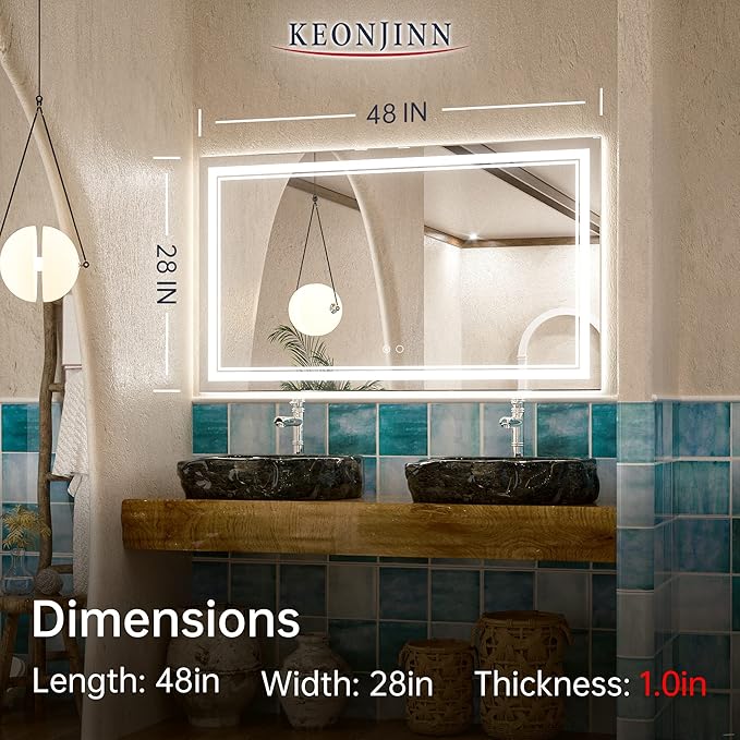 Keonjinn 48 x 28 Inch LED Bathroom Mirror IP54, Tempered