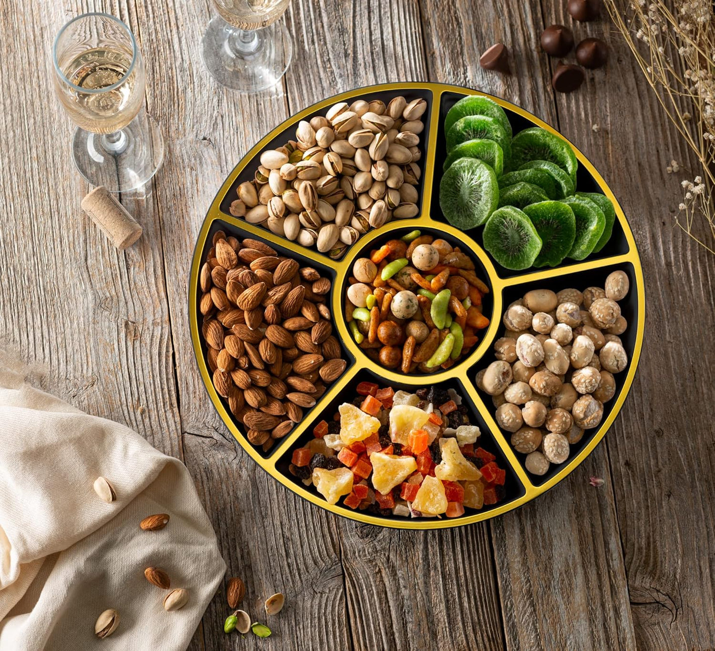 Plasticpro 6 Sectional Round Plastic Serving Tray/Platters Black & Gold Pack of 4