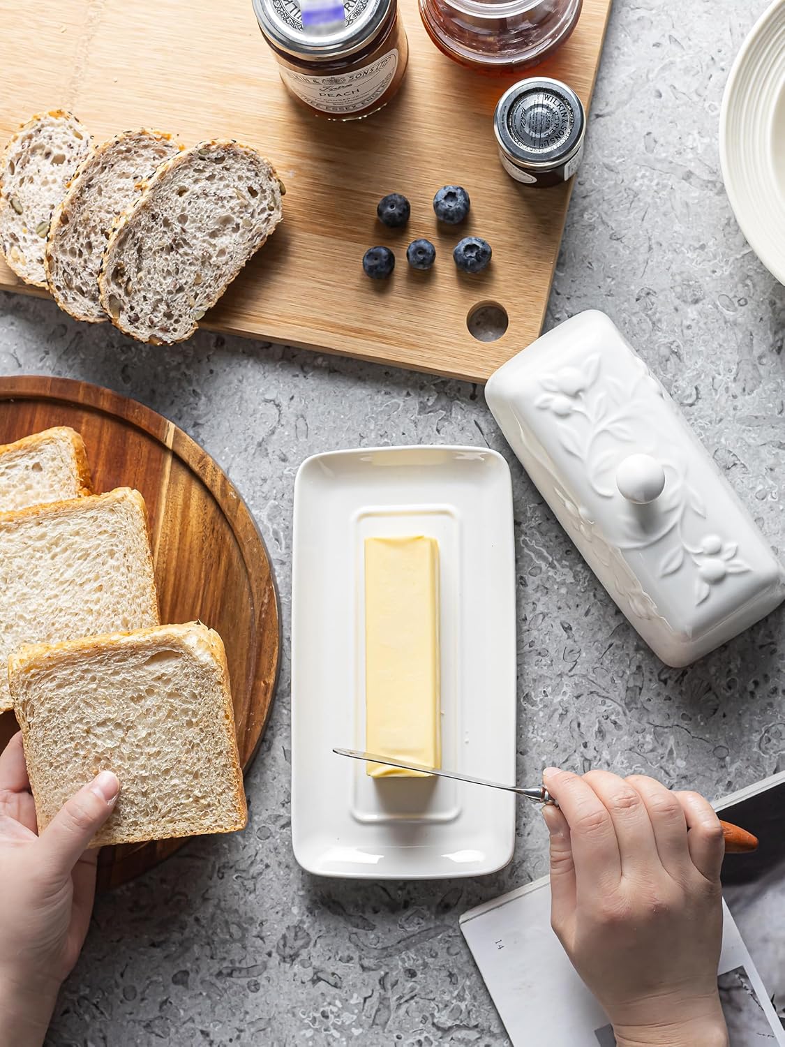 Butter Dish with Lid for Countertop, Ceramic Butter Dish with Knob Handle, Large Butter Holder Container for East West Coast Butter Storage, Cherry