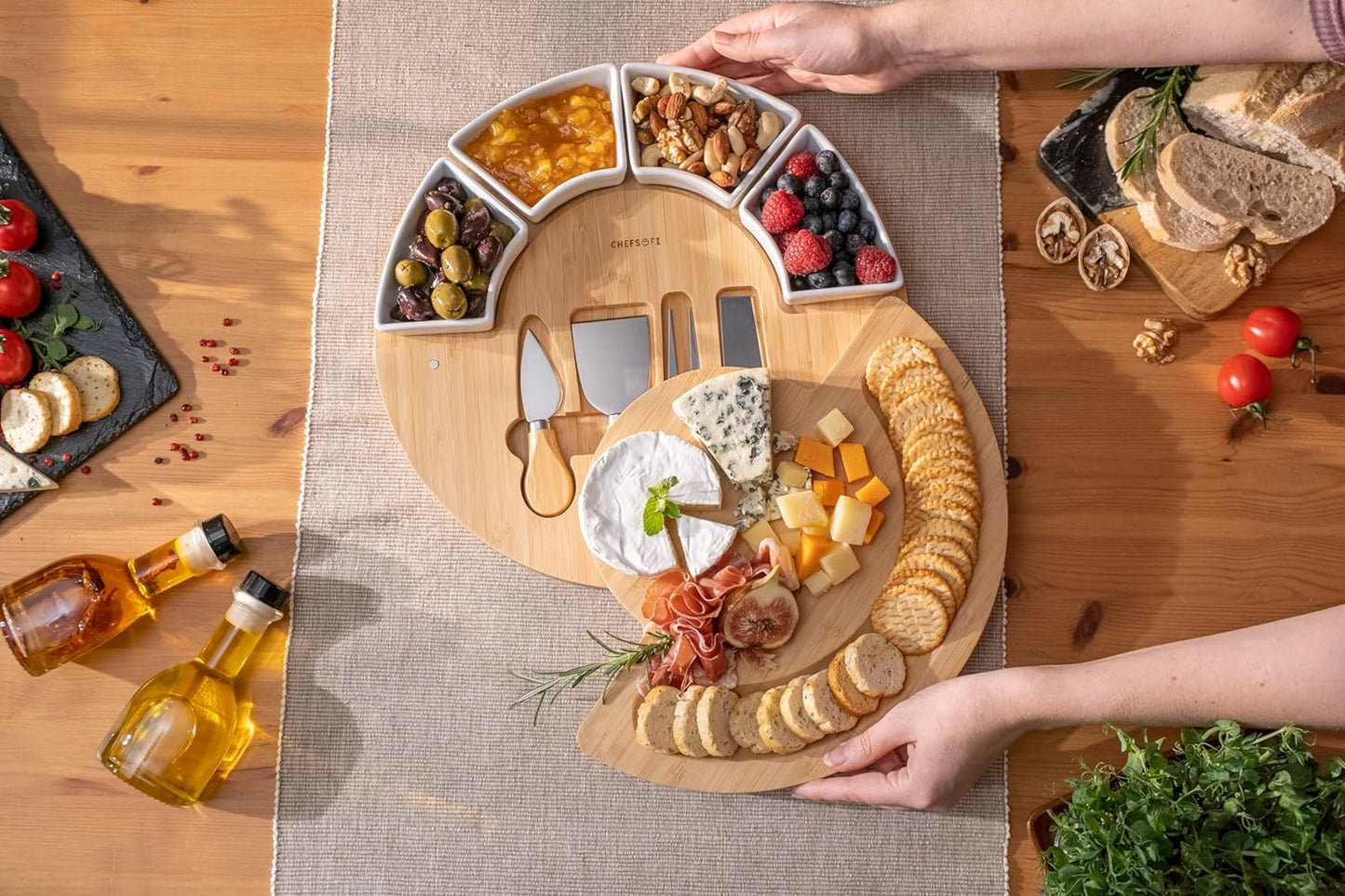 Charcuterie Cheese Board and Platter Set - Made from Bamboo Wood - US Patented 13 inch Cheese Cutting Board and Knife for Entertaining and Serving - 4 Knives - 4 Bowls