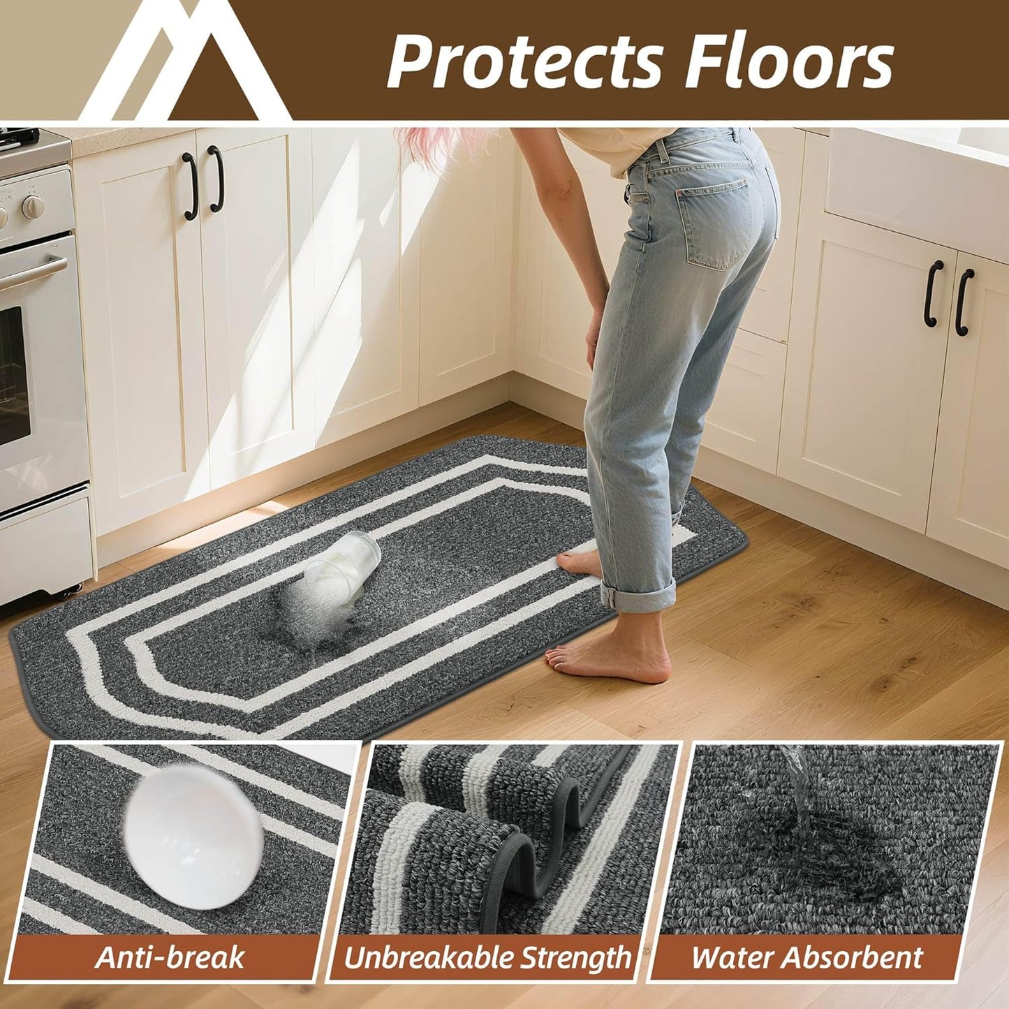 COSY HOMEER Long Kitchen Floor Mats for in Front of Sink Super Absorbent Kitchen Rugs and Mats 24"x48" Non-Skid Kitchen Mat Standing Mat Washable,Polypropylene,Dark Grey,Frame