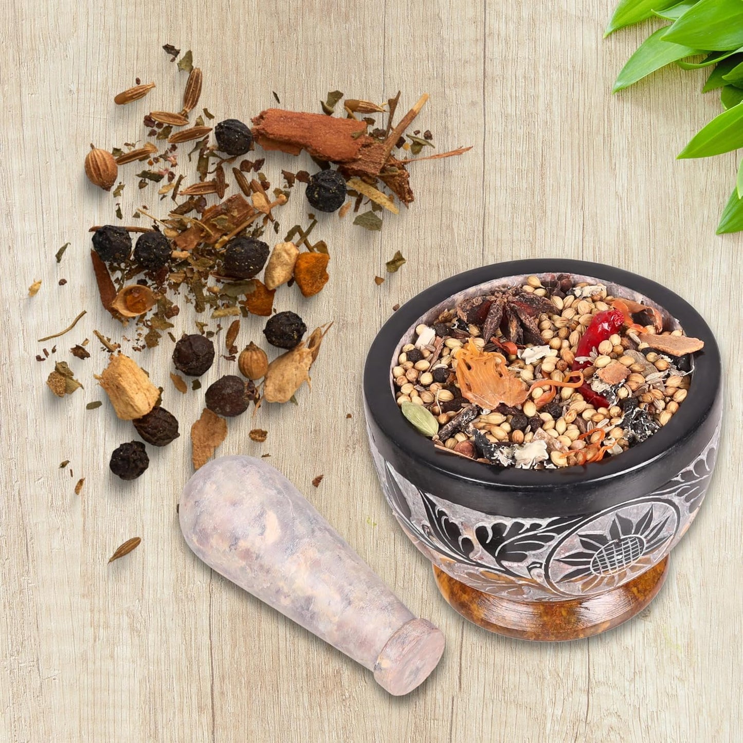 Mortar and Pestle, Made of Heavy Duty Polished Hard Stone, Natural Stone Grinder for Spices, Pastes, Herbs, Seasoning etc. (Black & Yellow)