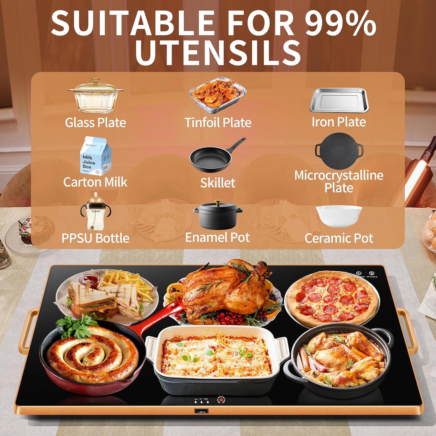 Warming Trays for Buffets Party (XXL 32"x18"),Warming Mat for Food with Thermostat & Full Surface Heating, Counter Temperature Adjustable Food Warming Mat with Gold Handles for GIfts,All Year Use