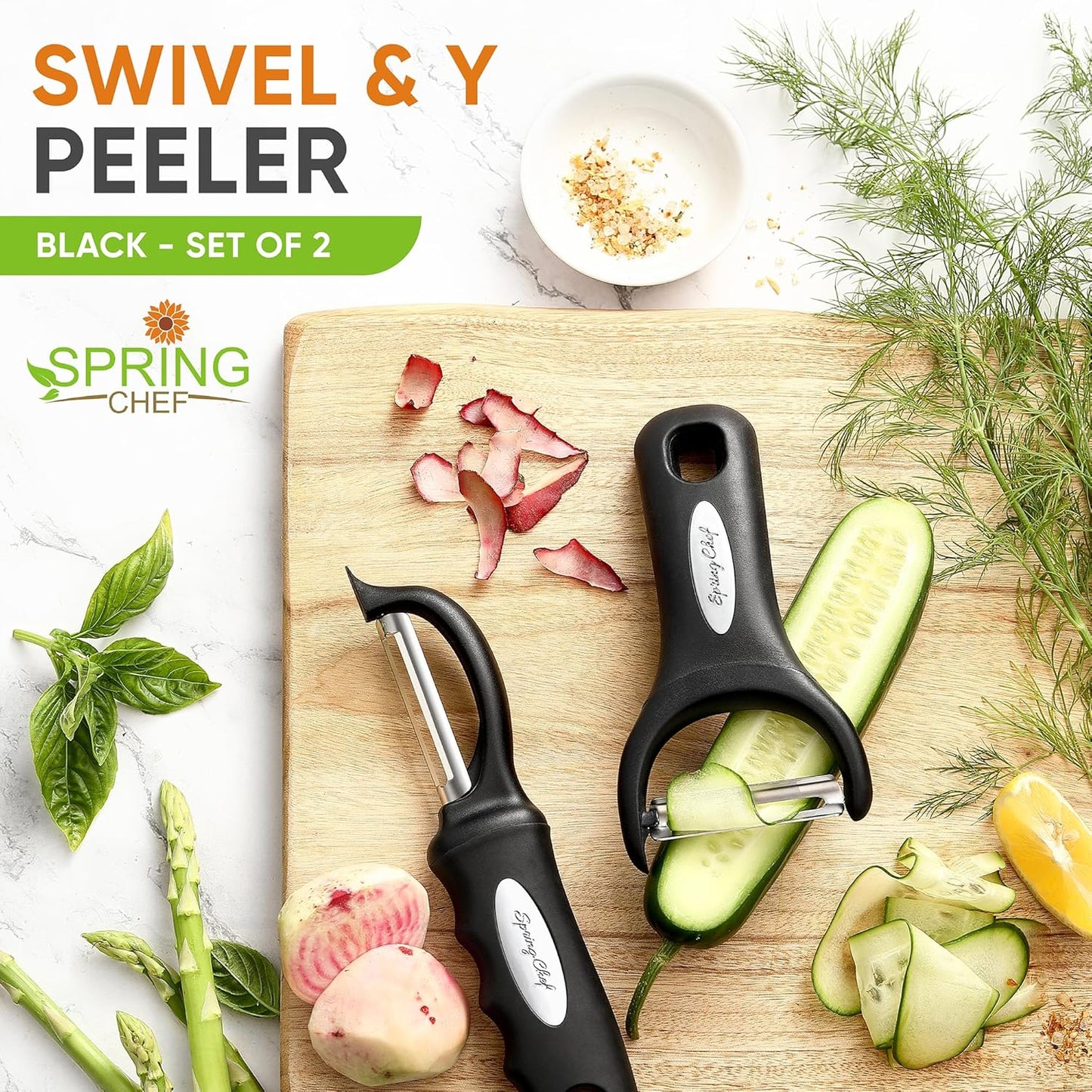 Spring Chef Swivel Vegetable Peeler & Y Potato Peeler for Kitchen with Soft Grip Handles and Ultra Sharp Stainless Steel Blades, Perfect for Veggie, Fruit, Carrot, Apple - Dishwasher Safe - Black