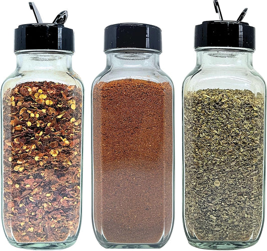 JARMING COLLECTIONS Glass Spice Jars with Shaker Lids - Spice Jars 8oz for Food Storage, Spice Containers for Kitchen Organization and Storage, Glass Organizing Bottles (French Square 8oz Blackx3)
